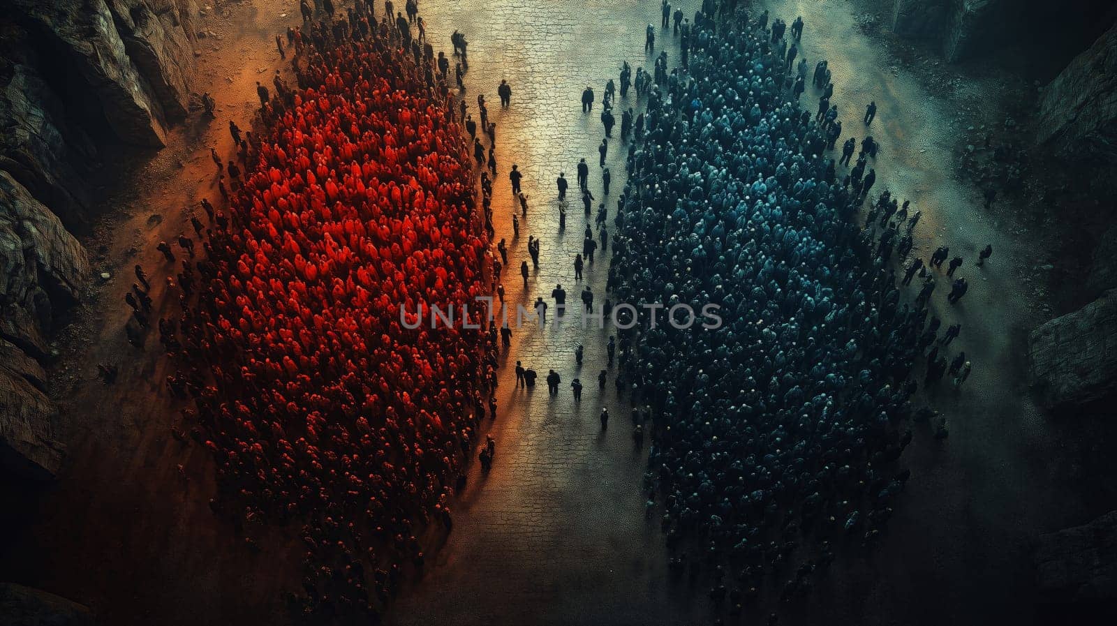 Dramatic overhead view of two opposing groups, one in red and one in blue, symbolizing conflict or rivalry, facing off in a stark setting.