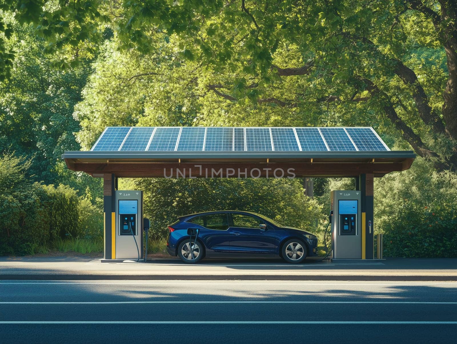 Illustration of an electric car charging at a solar-powered station surrounded by trees, symbolizing eco-friendly transportation in a natural environment.