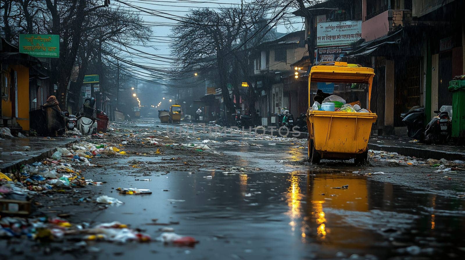 A deserted, rain-soaked street littered with trash, featuring a yellow waste bin under overcast skies, capturing the gritty reality of urban life