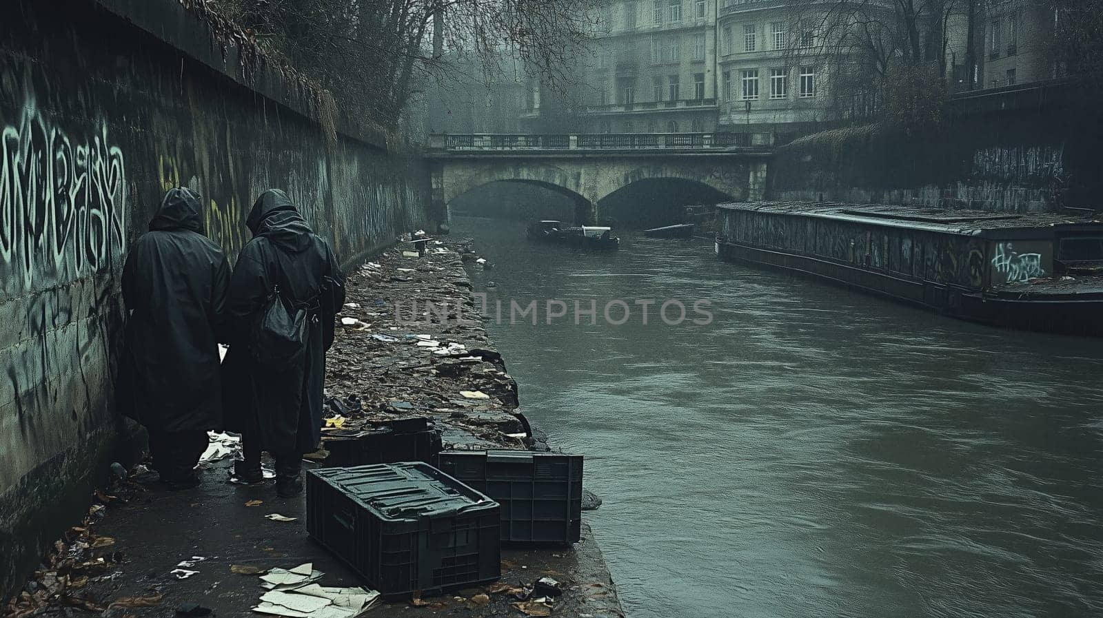 Dark, moody scene along a graffiti-covered canal with scattered crates and litter, evoking desolation and decay.