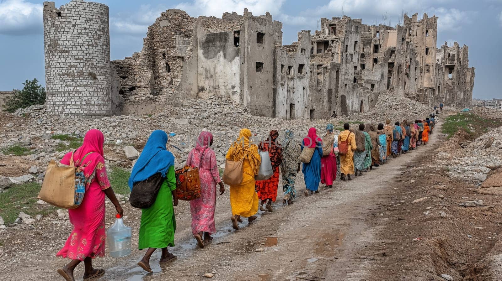 A line of women dressed in vibrant traditional clothing walk along a dirt path beside ancient ruins, carrying bags and water containers, symbolizing resilience and heritage.