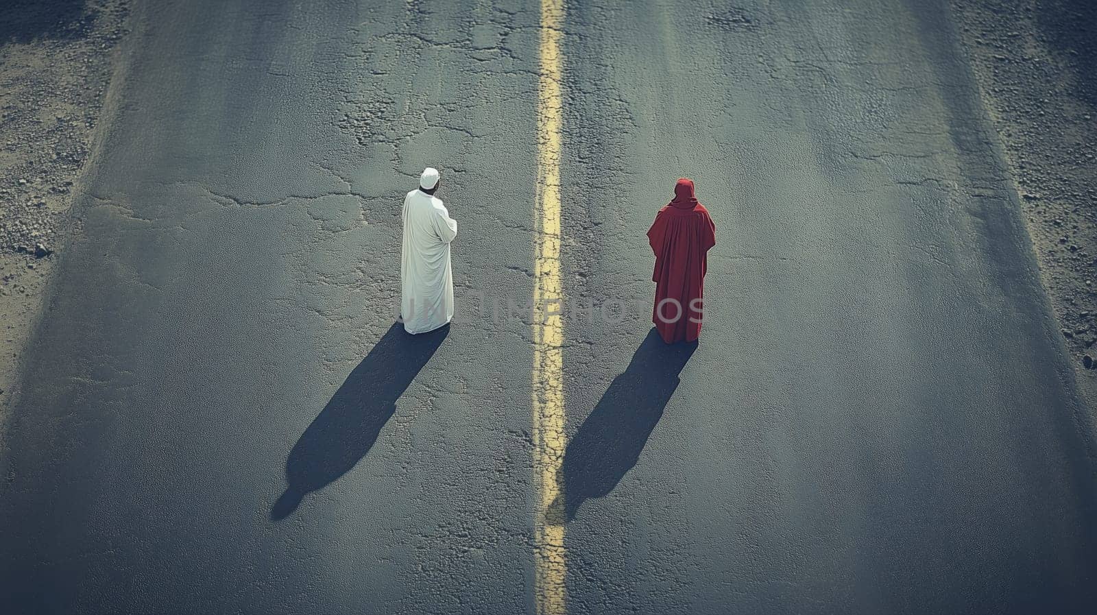 Aerial view of two people in traditional attire, one in white and the other in red, standing on opposite sides of a road. Symbolizes division, contrast, and cultural diversity.