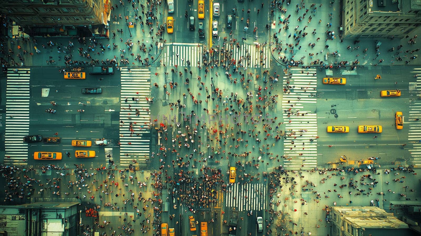 High-angle view of a busy urban intersection filled with pedestrians and yellow taxis, highlighting the city's hustle and dense population.