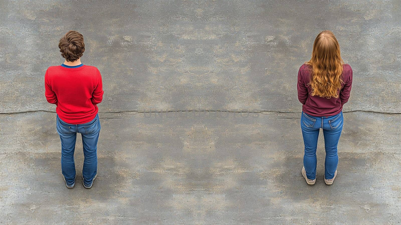 A man and woman stand distanced from each other on a concrete surface, symbolizing separation, distance, or social dynamics, captured from an aerial perspective.