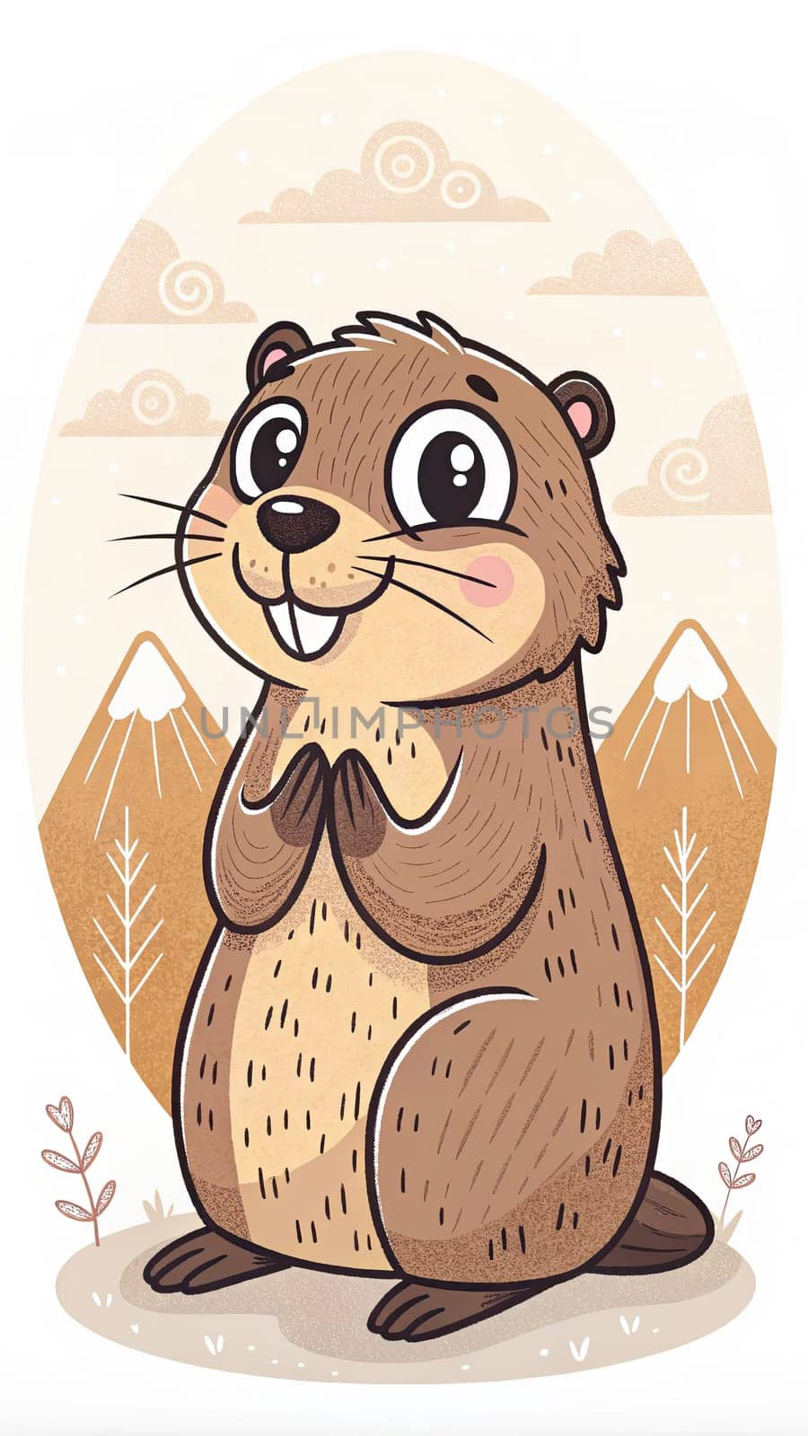 This cartoon beaver, with a joyful expression, is positioned in a delightful mountain setting, showcasing a playful sense of character - Logo illustration - Generative AI
