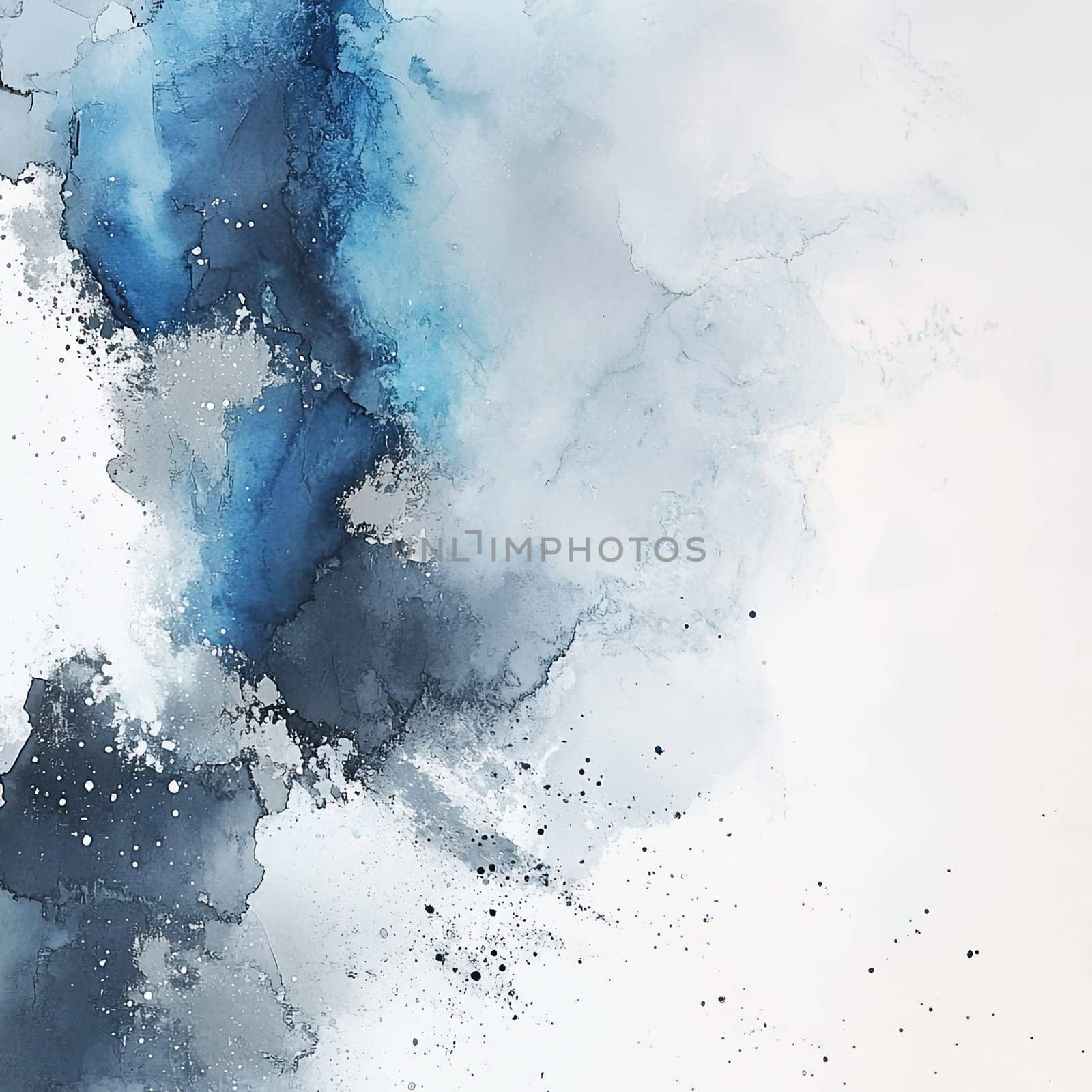 This artwork features a blend of blue and grey watercolor, creating fluid patterns and soft textures that flow seamlessly into a light backdrop, evoking a sense of calm.