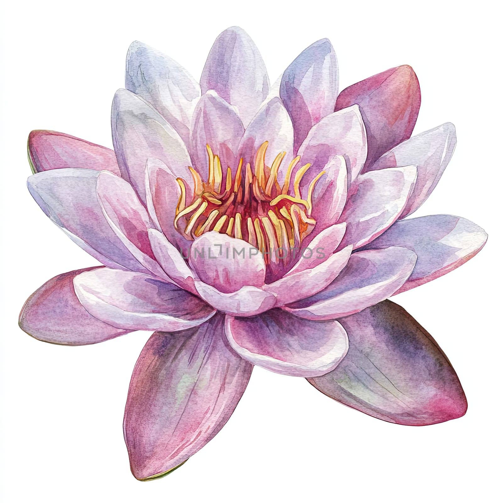 This artwork features a blooming lotus flower, characterized by its soft pink and white petals surrounding a vibrant golden core, beautifully illustrated in watercolor.