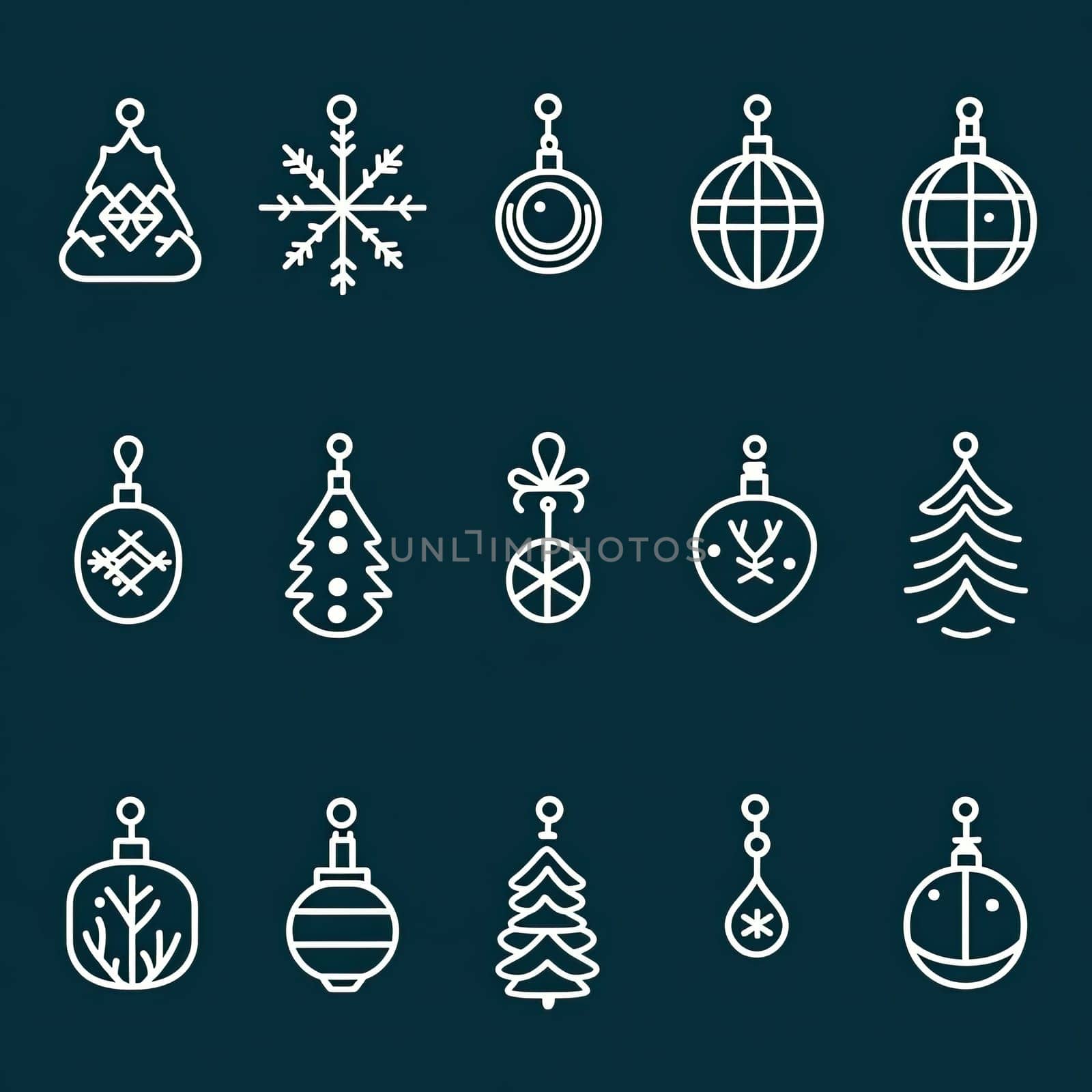 This display features an assortment of holiday ornaments, showcasing intricate designs such as snowflakes, trees, and decorative baubles in a festive arrangement.