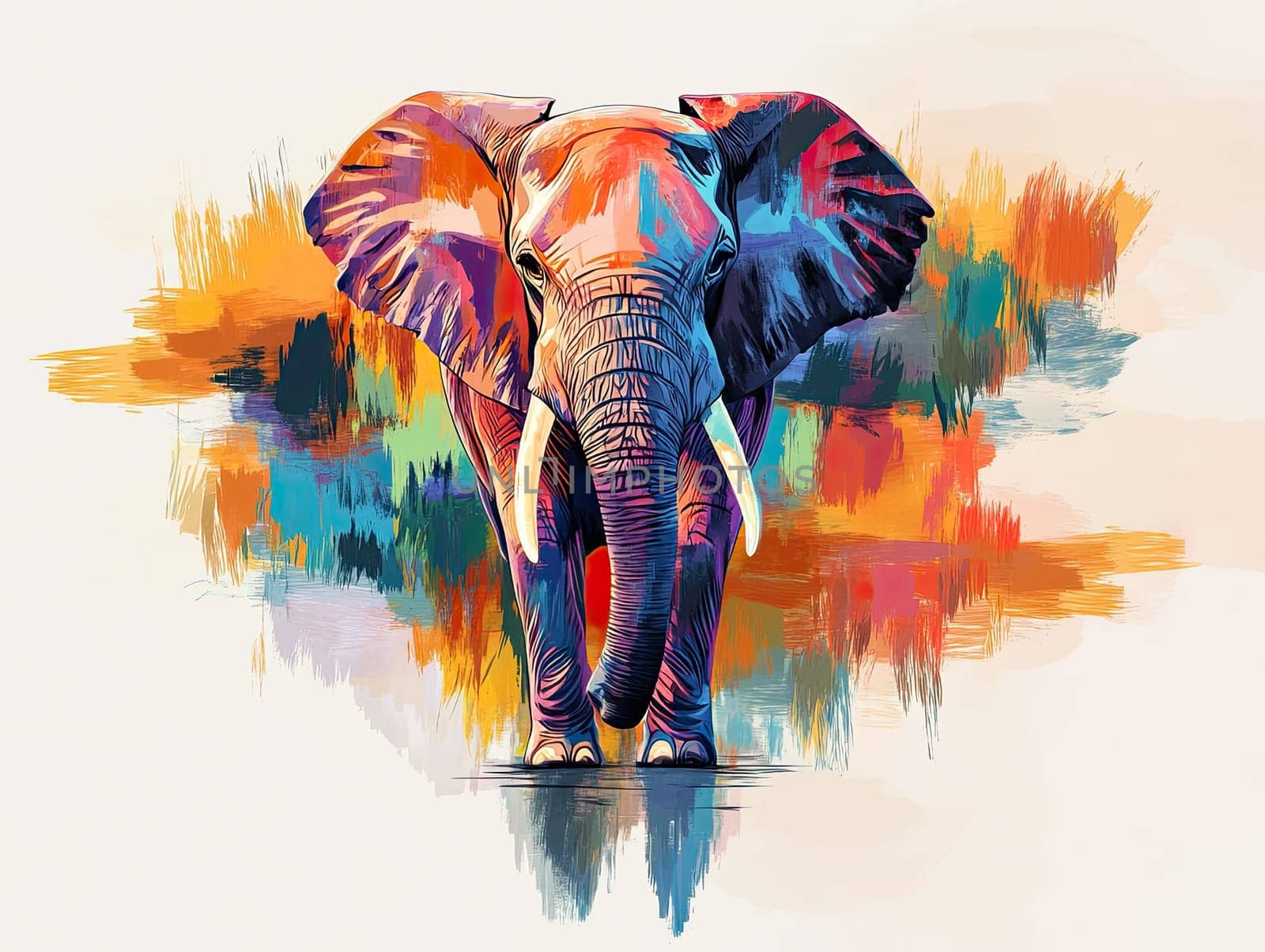 An imaginative depiction of an elephant stands prominently among an array of vibrant colors, showcasing artistic flair and creativity in its presentation.
