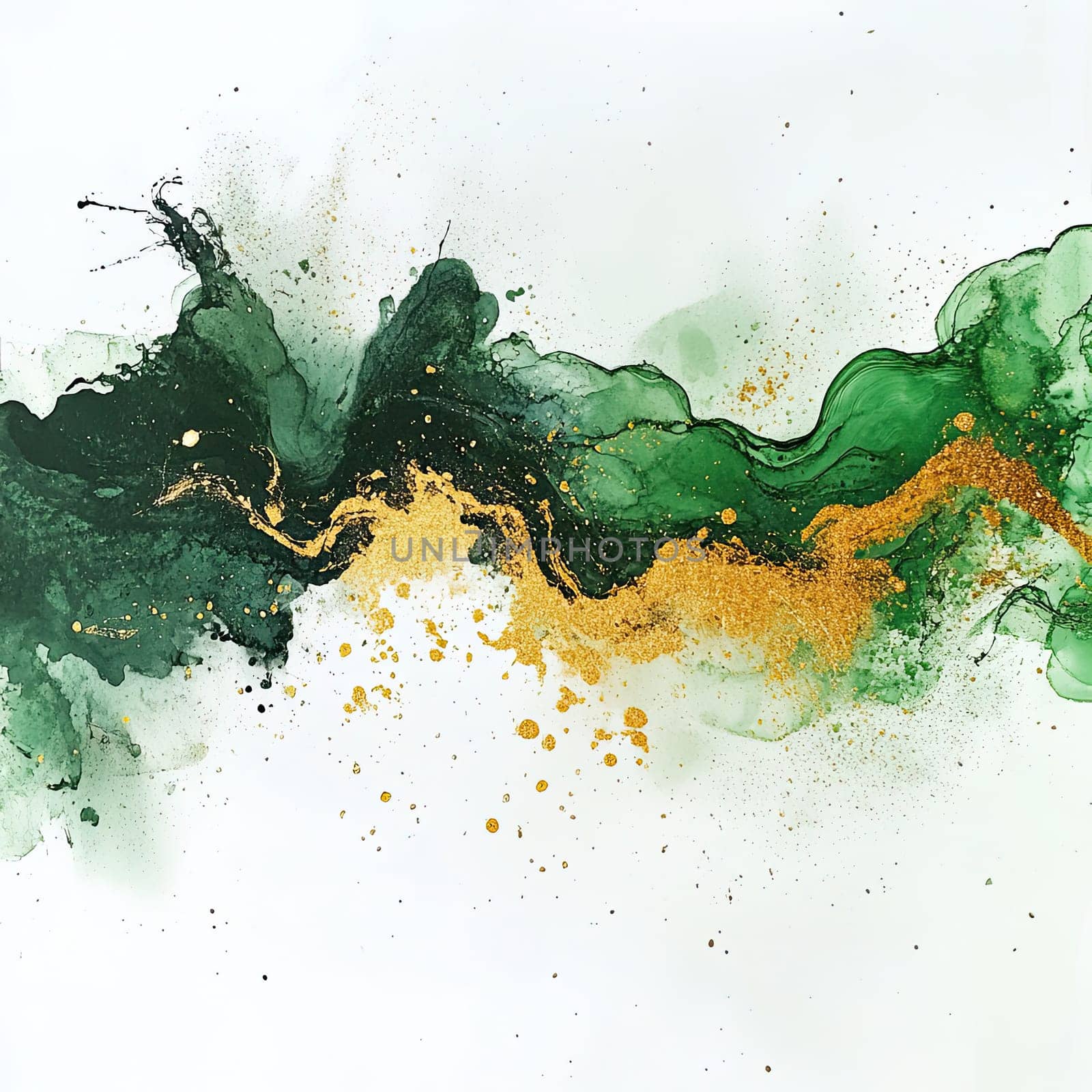 This artwork features swirling green and gold patterns that blend beautifully with hints of black and white, creating a captivating and dynamic display of color and movement.