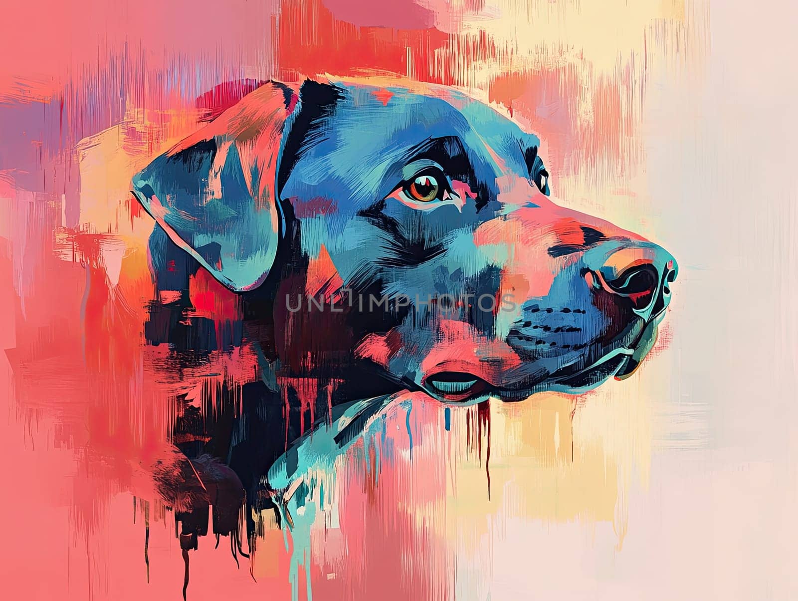 A vibrant abstract portrait of a dog features bright colors and artistic brushstrokes, highlighting the dog's expressive features in a unique way.