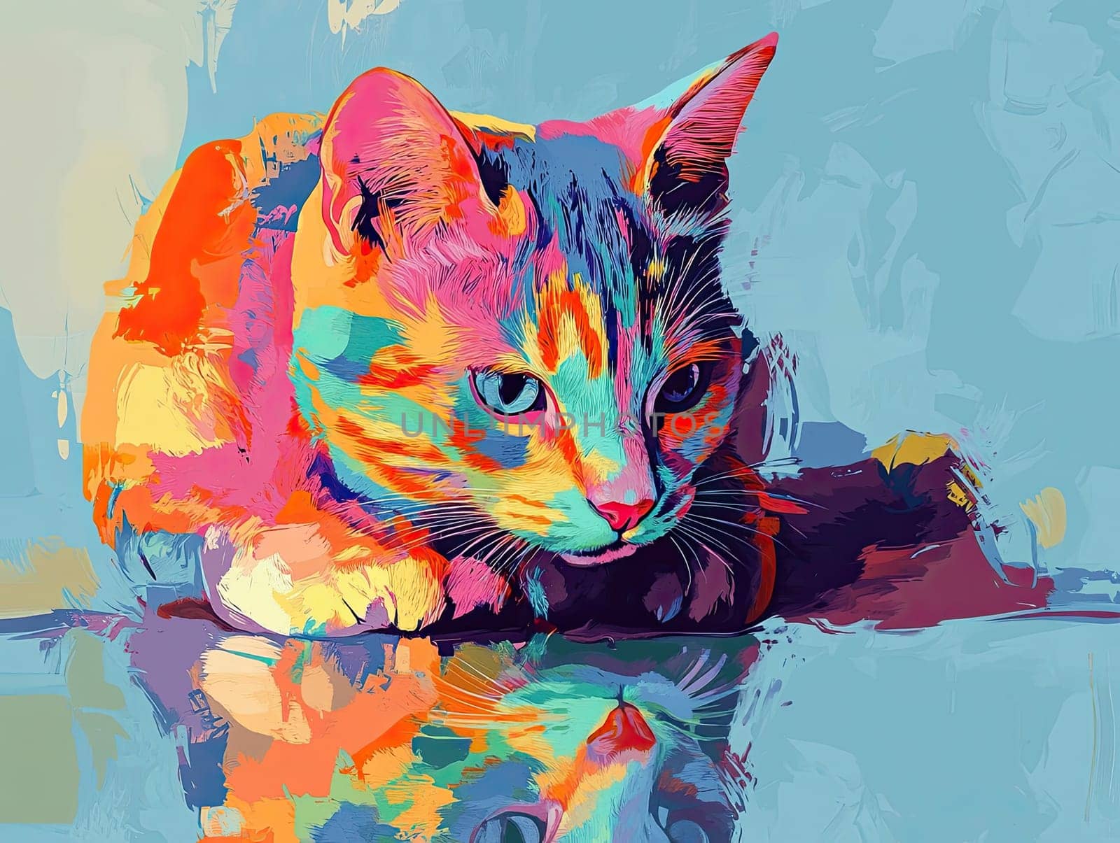 A colorful cat lounges comfortably with its paws tucked under its chin, surrounded by a vibrant, abstract background that enhances its playful spirit and beauty.