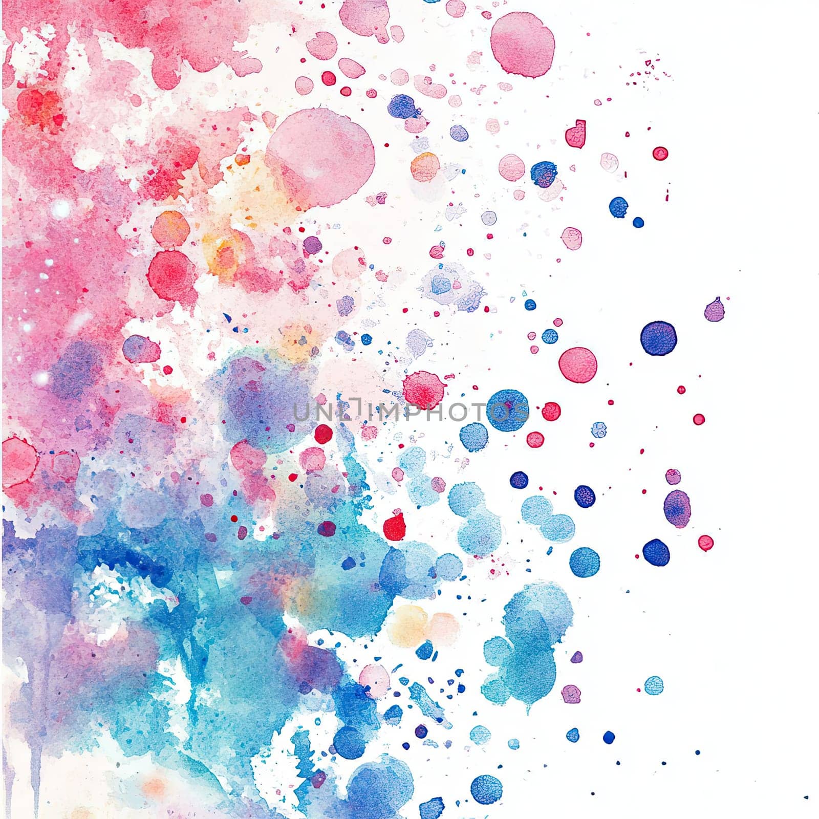 An energetic array of watercolor splashes fills the canvas, showcasing vibrant shades of blue, pink, and red, blending beautifully to create an abstract background that excites the senses.