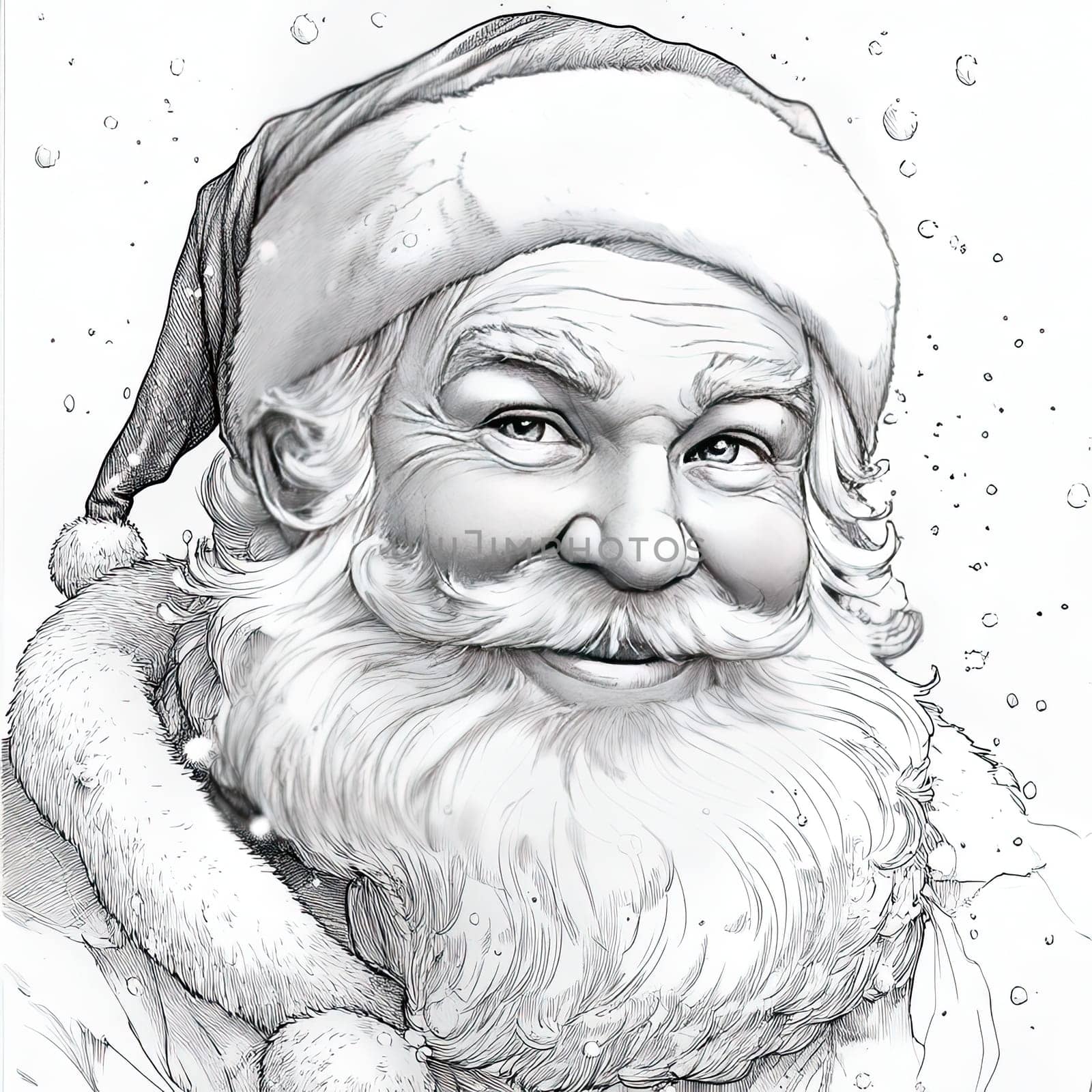 A friendly Santa Claus displays a warm smile, with a fluffy white beard and red hat. Snowflakes gently fall around him, enhancing the holiday atmosphere.