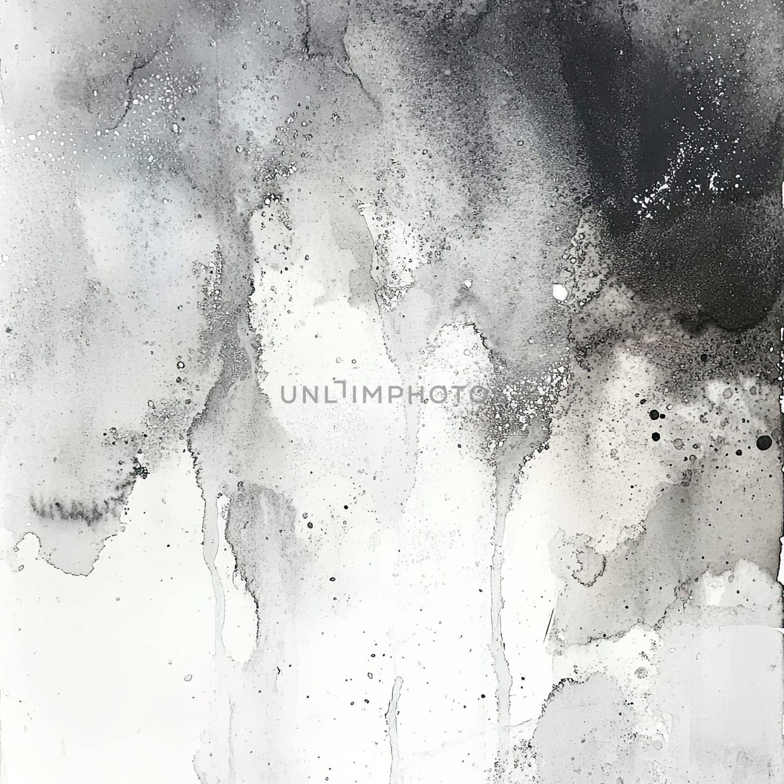 A striking abstract artwork features a blend of black and white hues with fluid textures, creating dynamic movement and depth through ink splashes and drips.