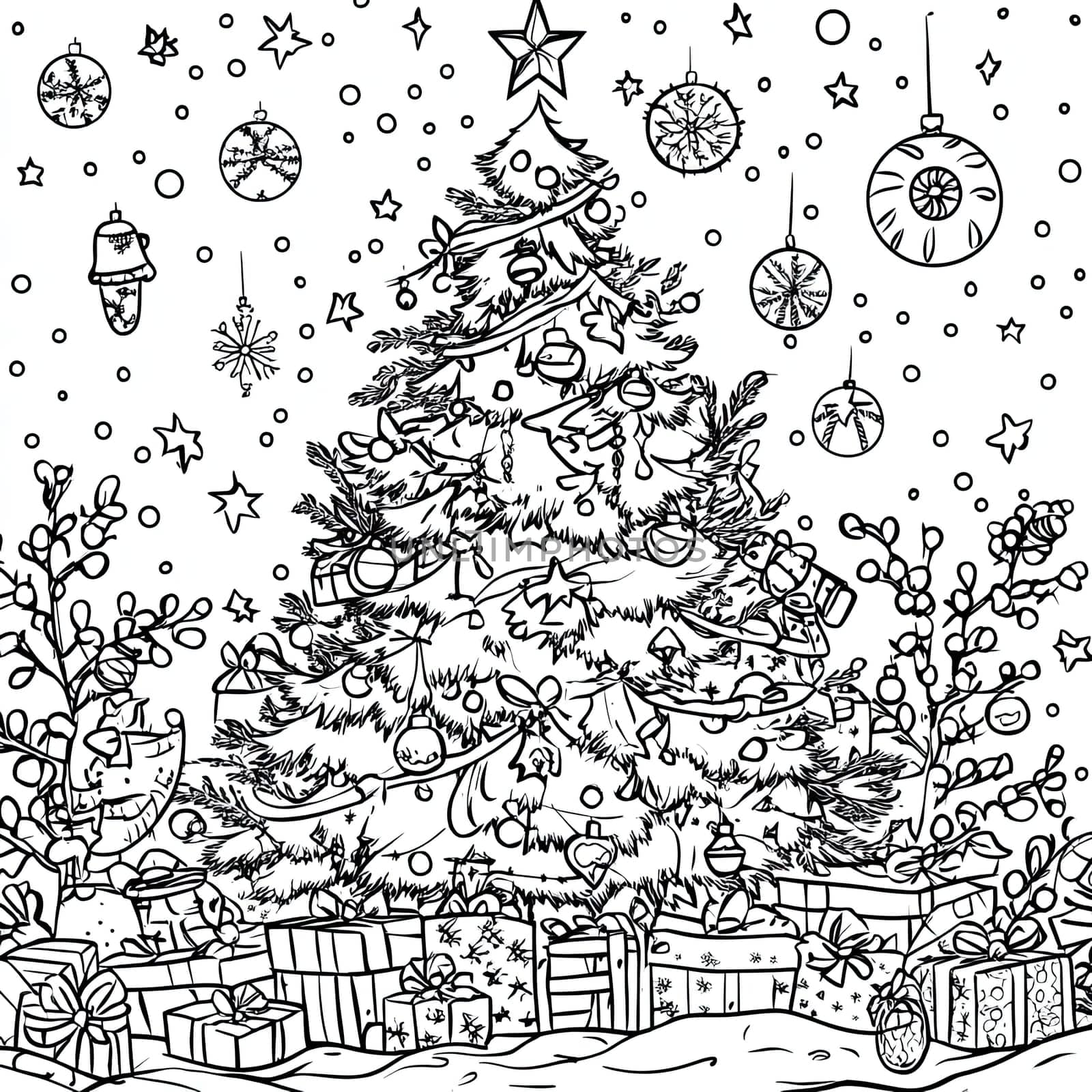 A beautifully designed Christmas tree stands tall and adorned with ornaments, surrounded by gifts and shimmering snowflakes, capturing the spirit of the holiday season.