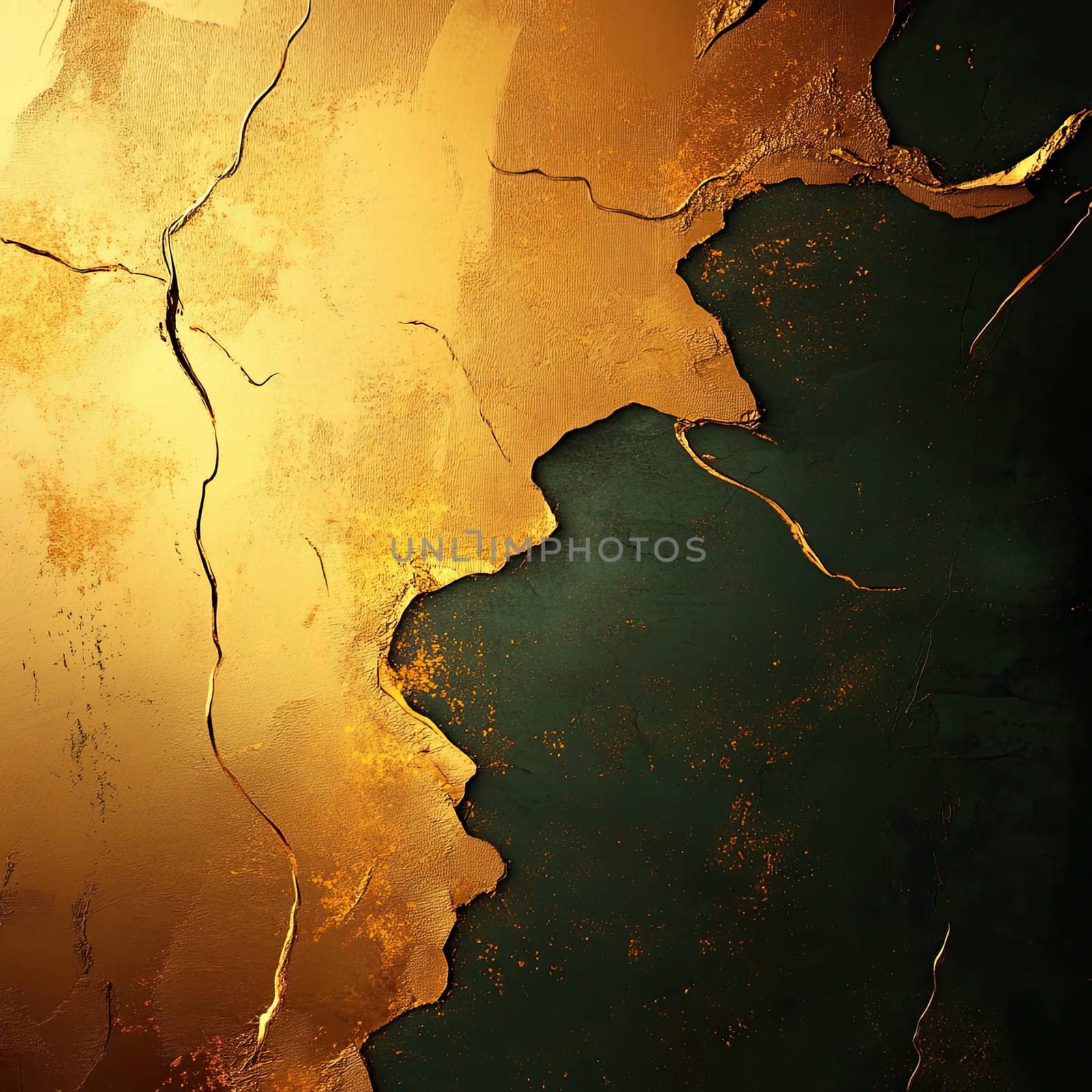 An intricate display of cracked gold and deep green paint on the wall reveals a captivating interplay of textures and colors, creating a striking aesthetic.