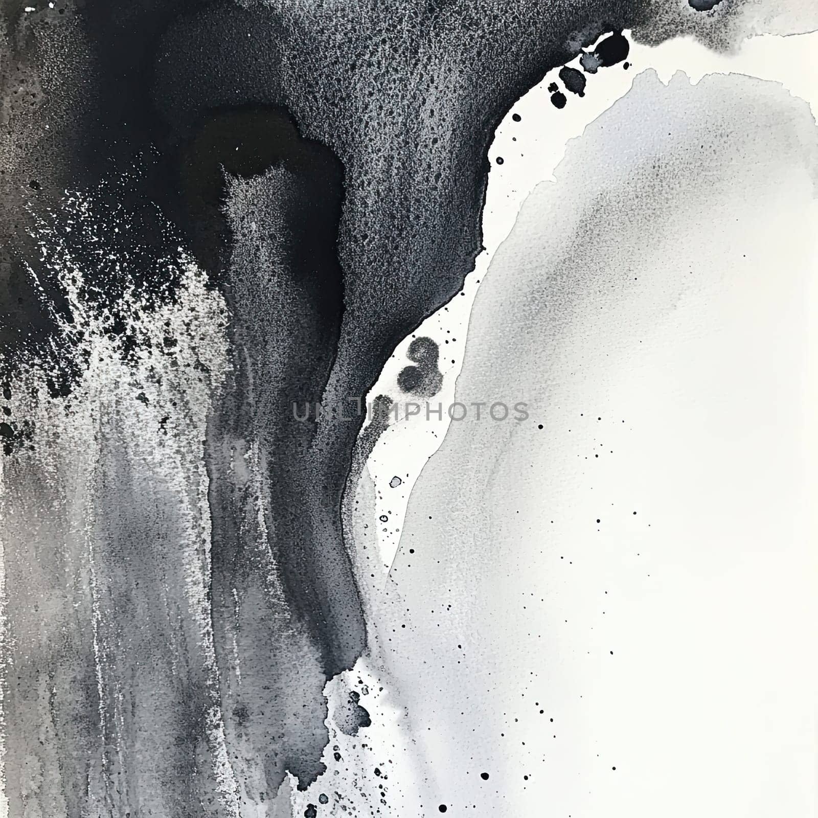 This artwork features a blend of black and gray watercolors, showcasing sweeping brush strokes and splatters that create an abstract composition on white textured paper.