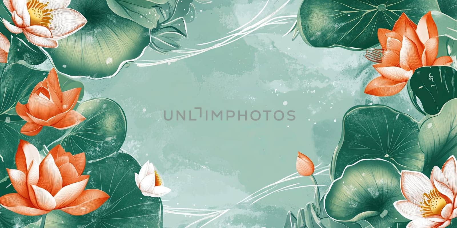 Delicate lotus flowers in shades of orange and white rest among vibrant green lily pads, creating a tranquil atmosphere against a soft turquoise backdrop.