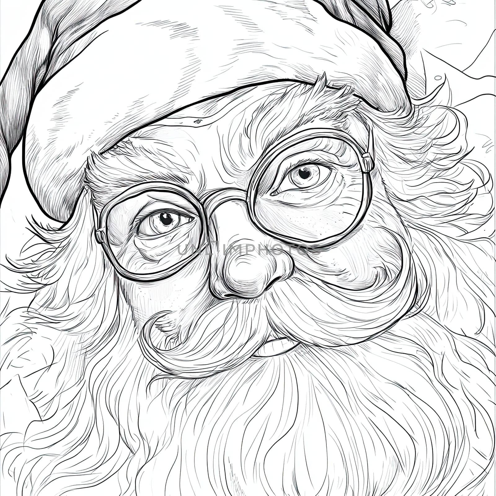 The jolly figure of Santa Claus is illustrated in detail, featuring glasses, a fluffy beard, and a red hat, embodying the spirit of the festive season.