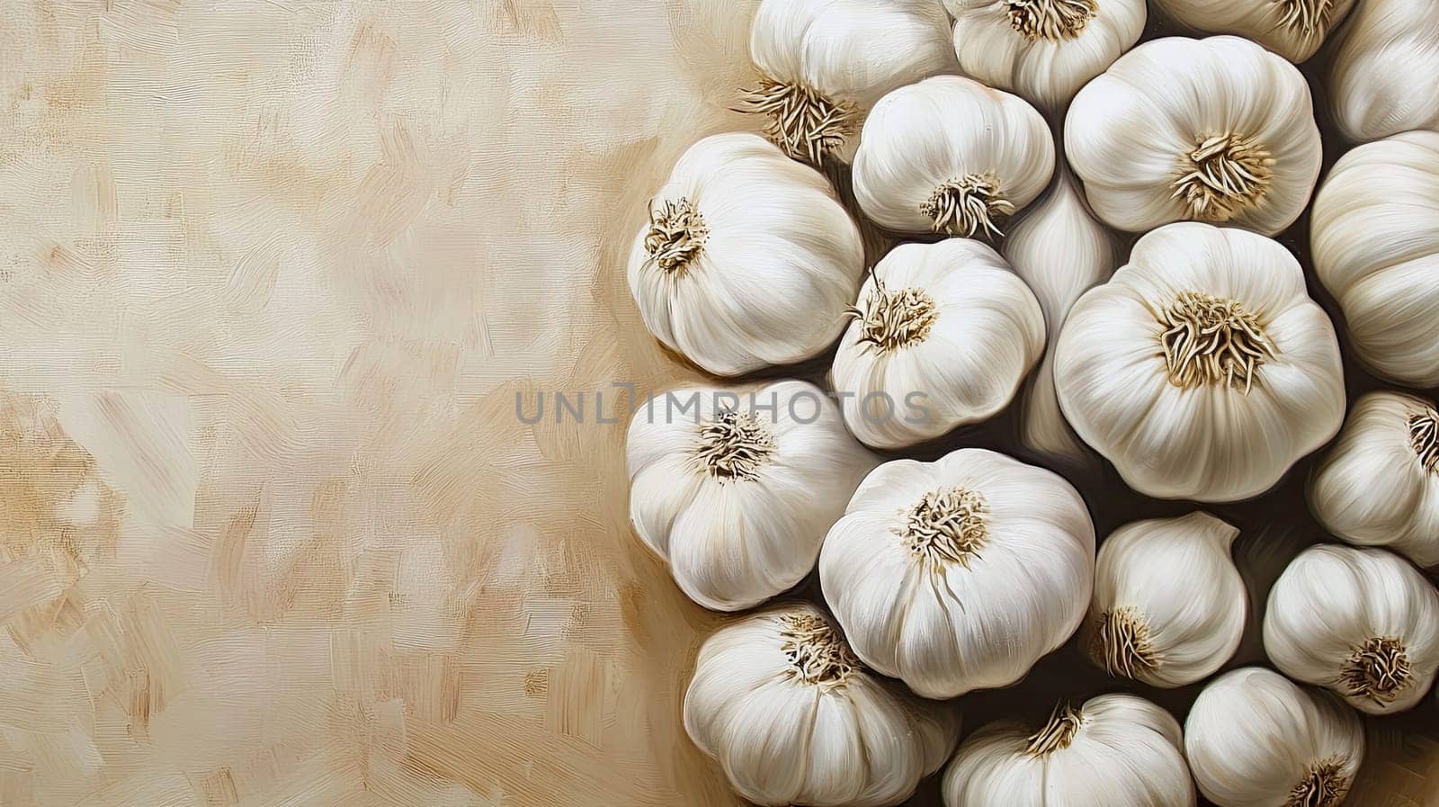 A collection of fresh garlic bulbs is arranged closely together against a soft beige background, highlighting their unique shapes and textures. The natural color palette emphasizes their freshness.