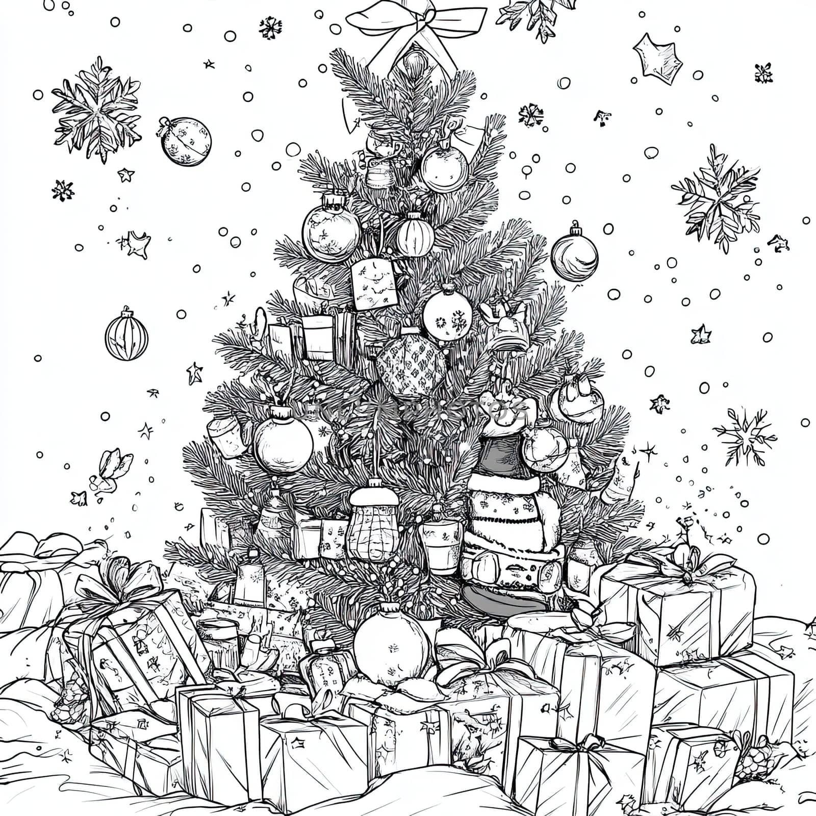 The Christmas tree stands tall, adorned with ornaments and lights, while numerous wrapped gifts are stacked around its base, creating a festive atmosphere.