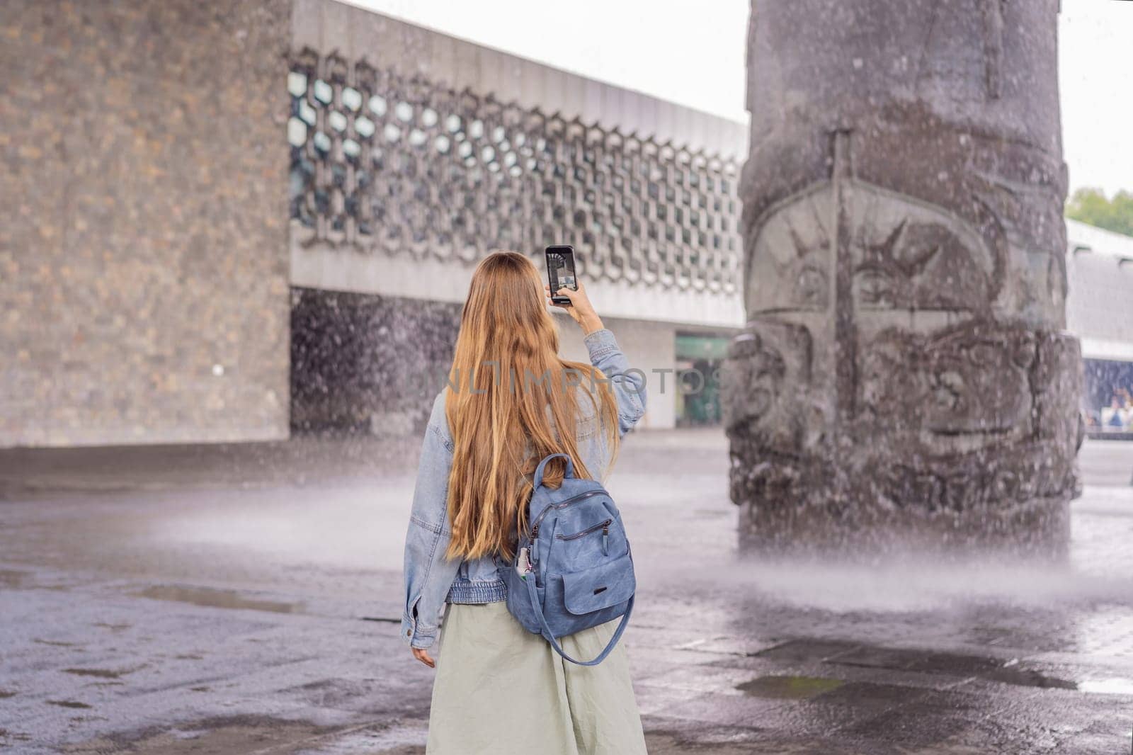 Female tourist exploring the National Museum of Anthropology in Mexico City. Cultural heritage and historical exploration concept.