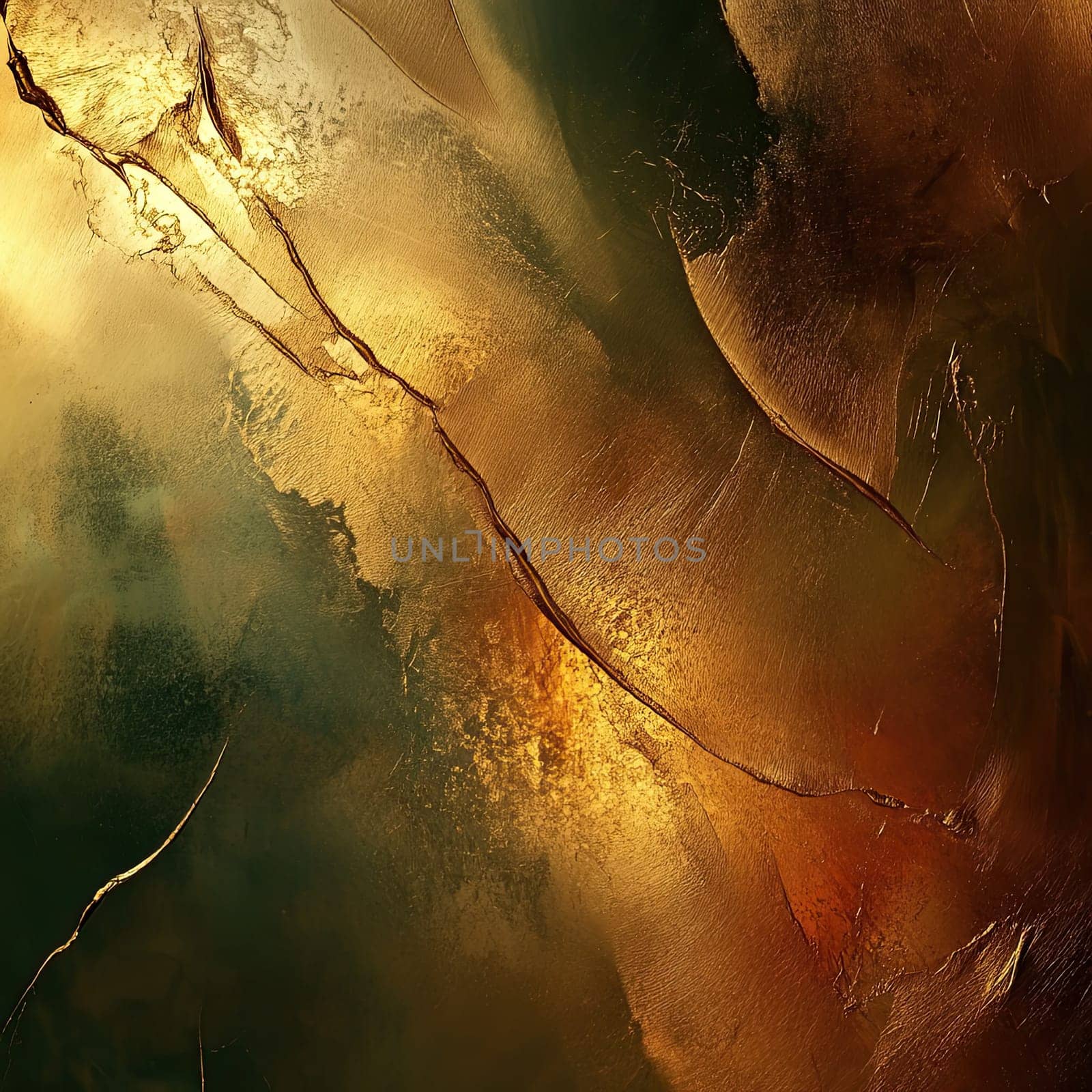 The artwork showcases a mesmerizing blend of gold and green hues, creating a captivating texture with intricate patterns and vivid earthy tones that inspire a warm ambiance.