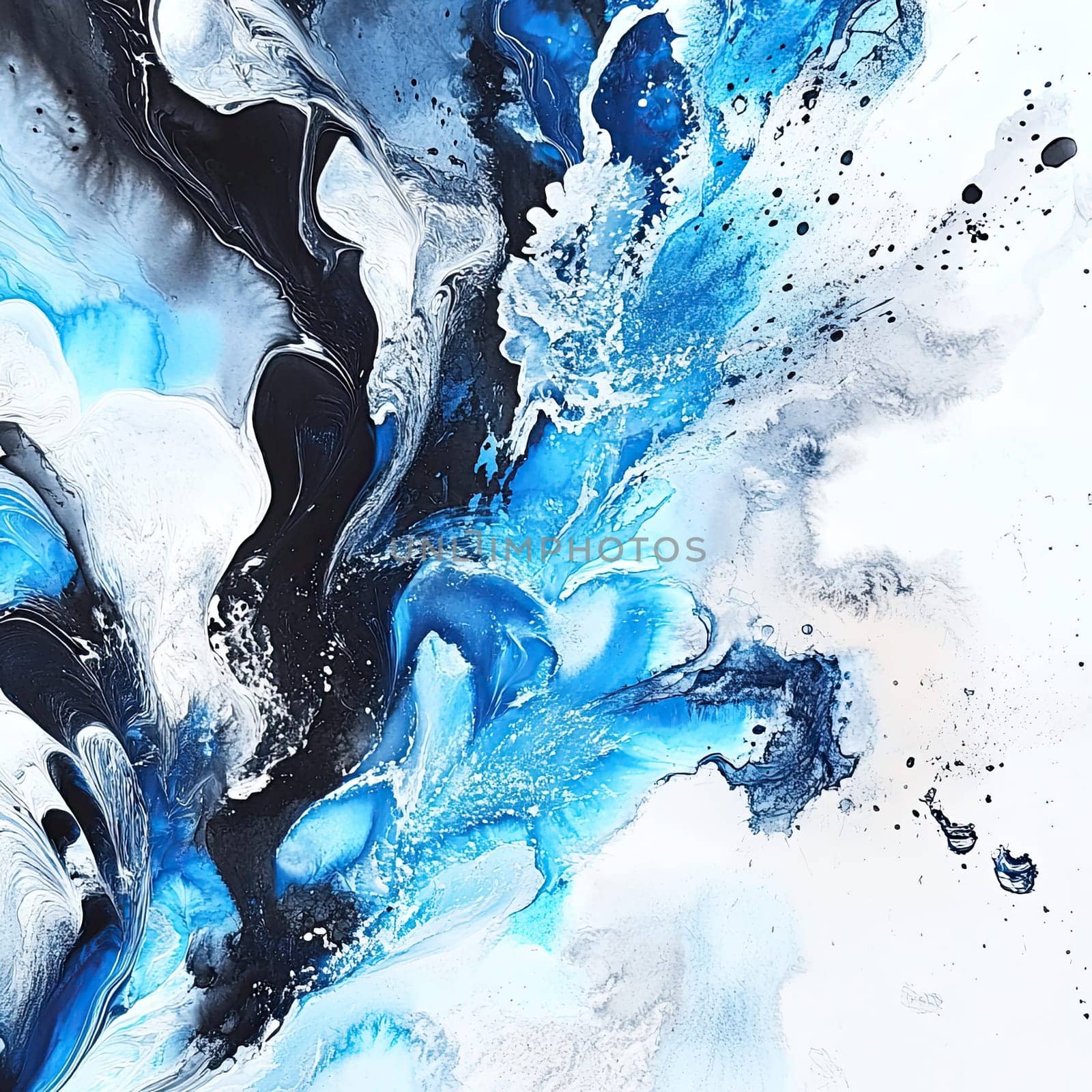 This artwork showcases a blend of deep blue and black hues, swirling together against a white background, illustrating fluid motion and artistic creativity.