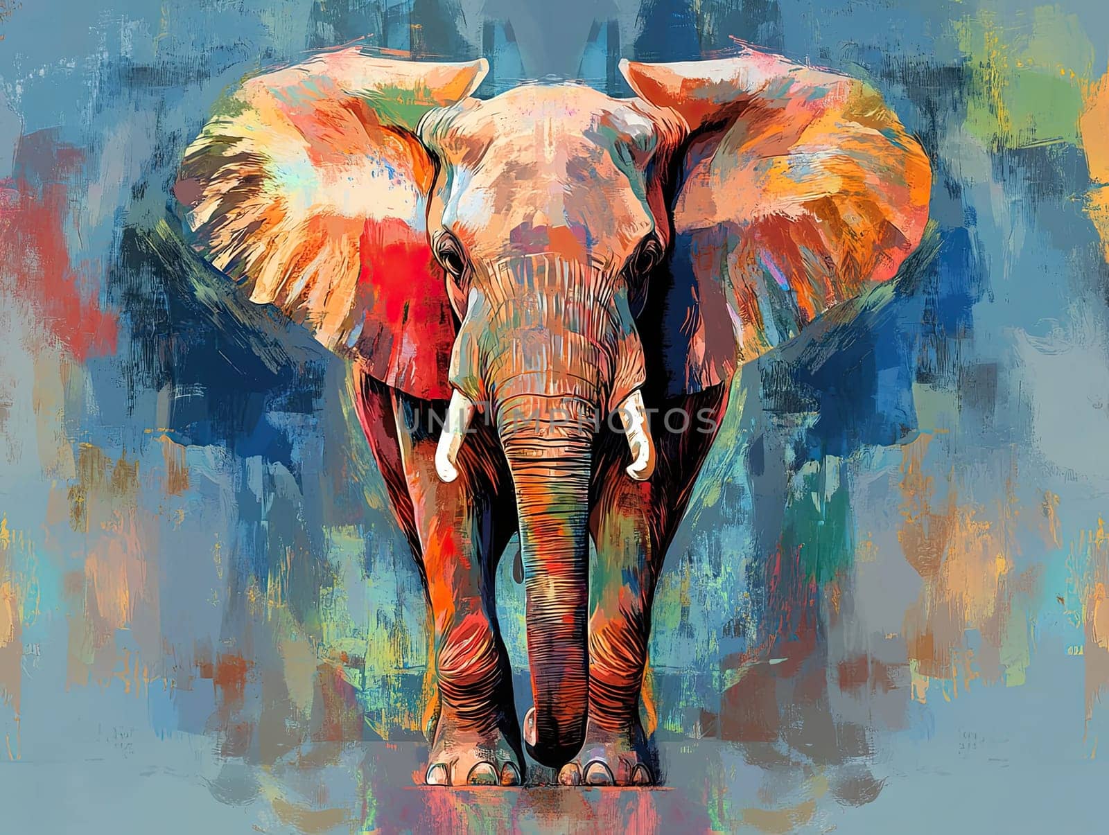 An elephant stands boldly at the center, its trunk raised and ears flared, surrounded by a bright, abstract background that enhances its striking colors and presence.
