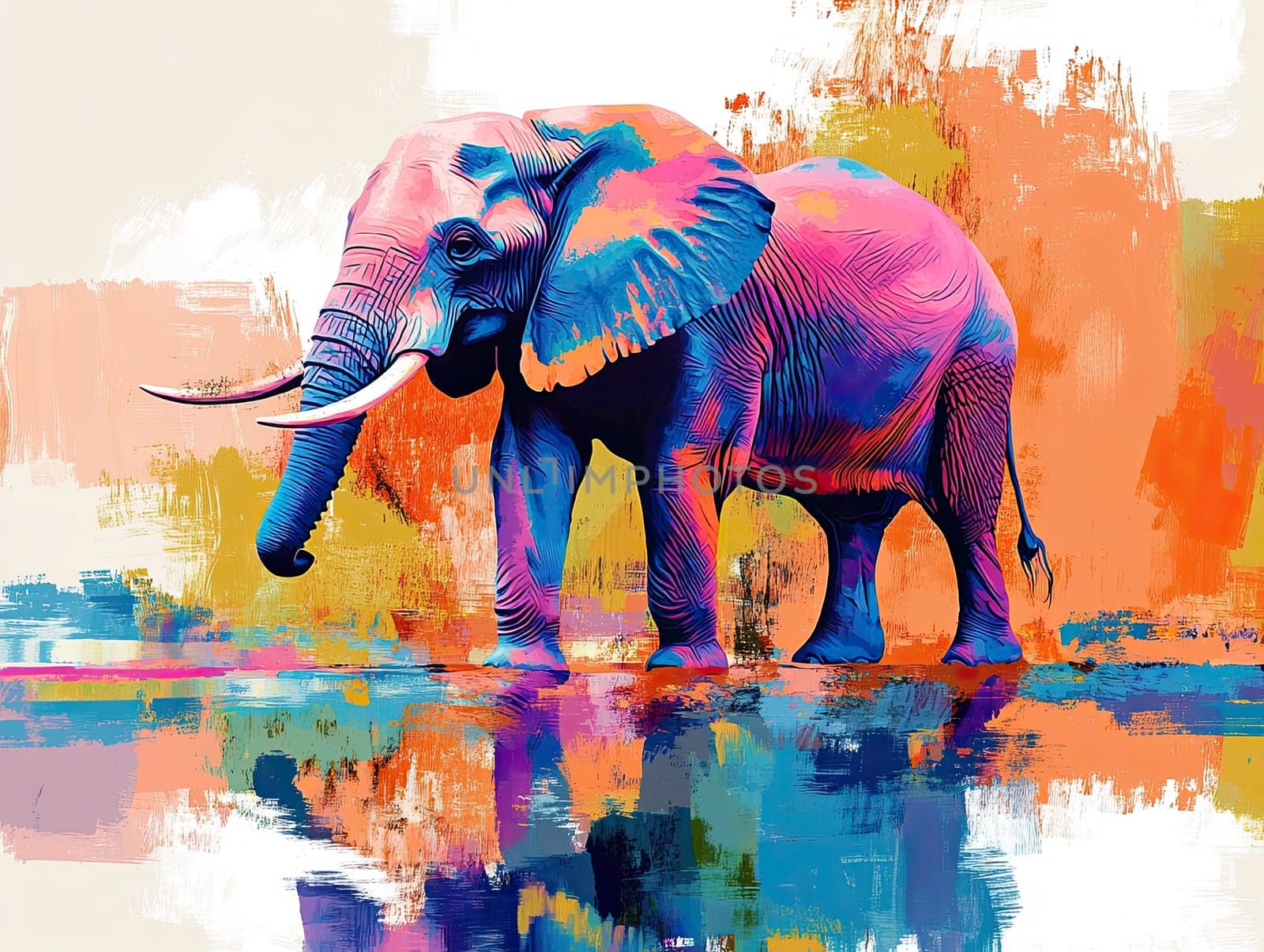 A majestic elephant stands beside a shimmering body of water, surrounded by vibrant splashes of color. The artwork captures the animal's beauty in a lively, energetic manner.