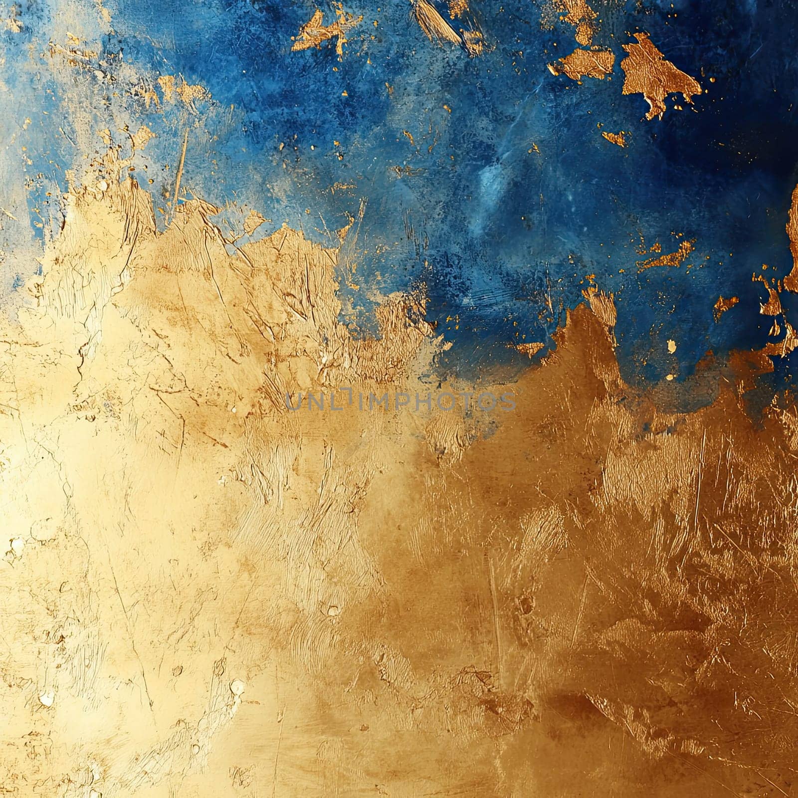 A captivating abstract artwork features a dynamic mix of deep blue and shimmering gold textures, creating an eye-catching visual contrast. The piece exudes modern elegance.