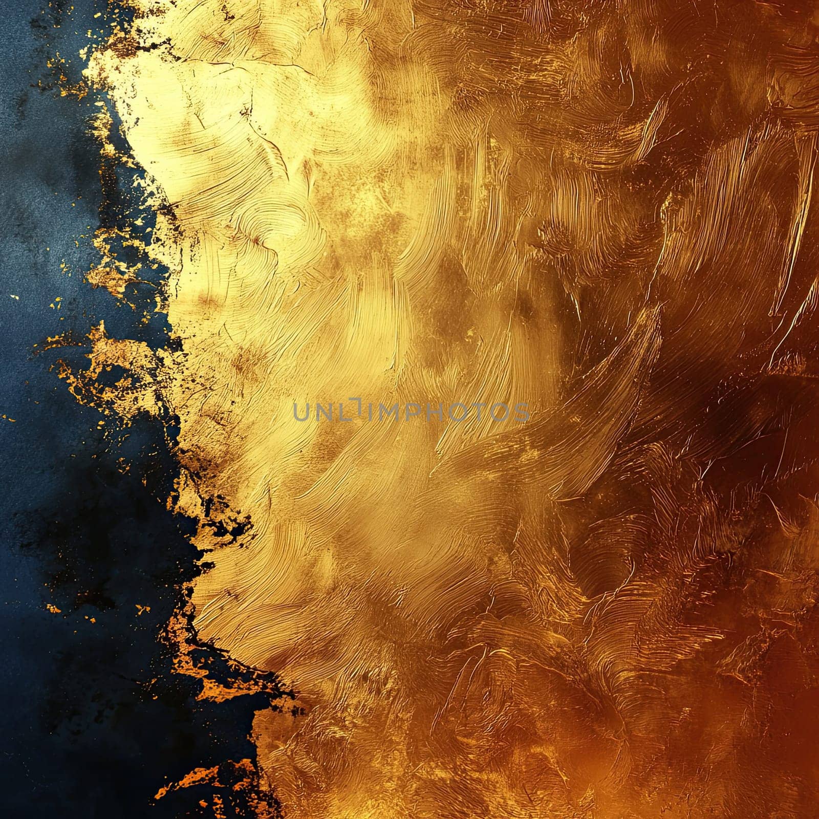 An abstract composition combines vibrant gold textures with deep blue hues, creating a striking visual contrast that captivates the viewer.