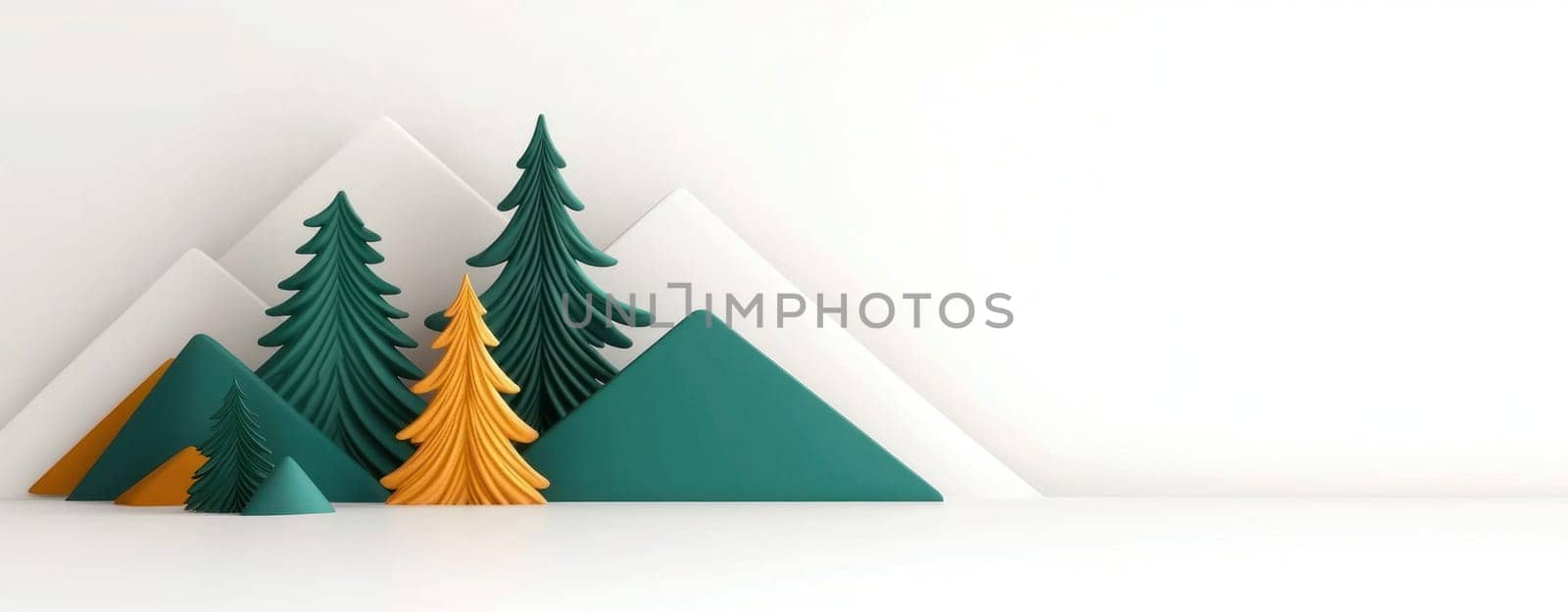 Minimalist design featuring abstract green trees and mountains.