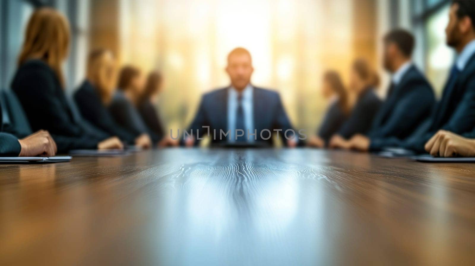leader sitting at head of long table in conference room, surrounded by colleagues.