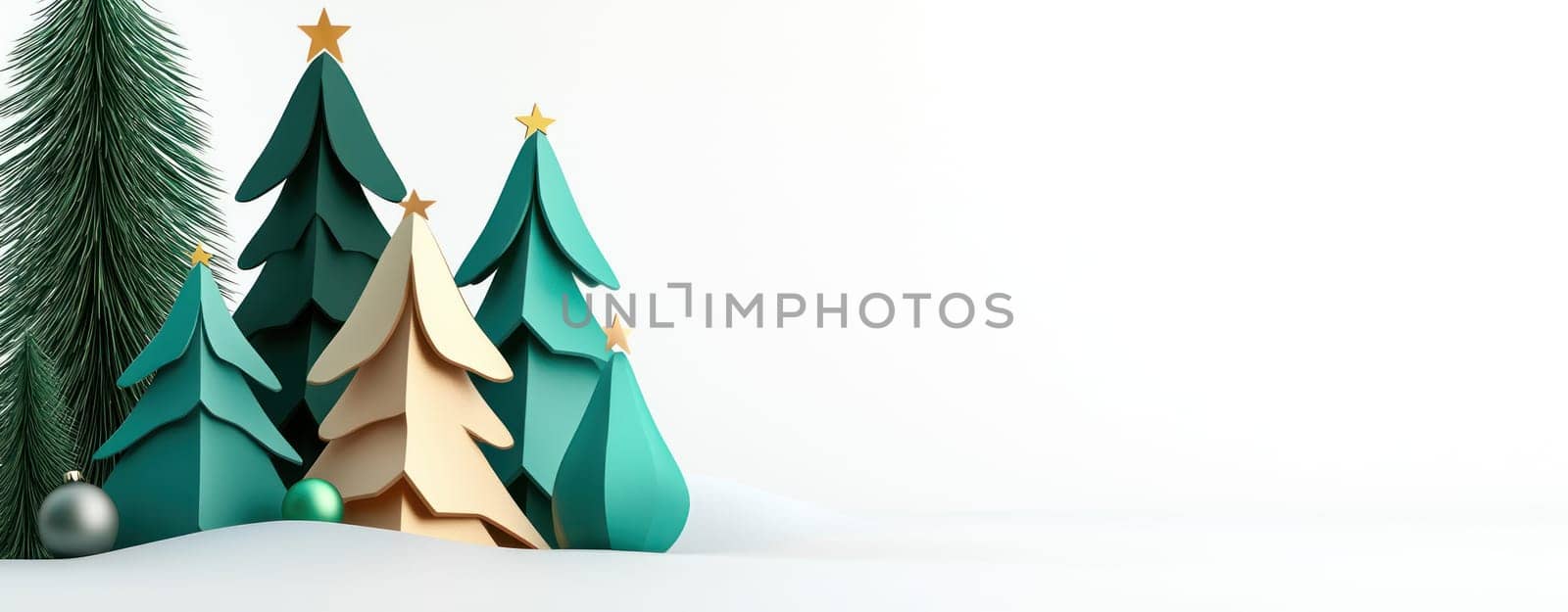 Minimal Christmas tree design with abstract green shapes and decorations.