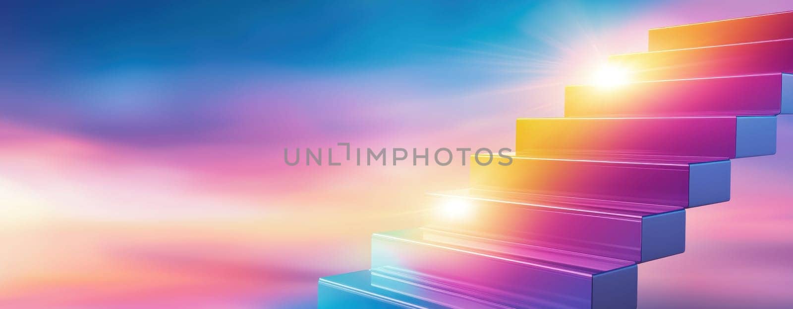 Colorful steps leading to bright horizon evoke sense of hope.