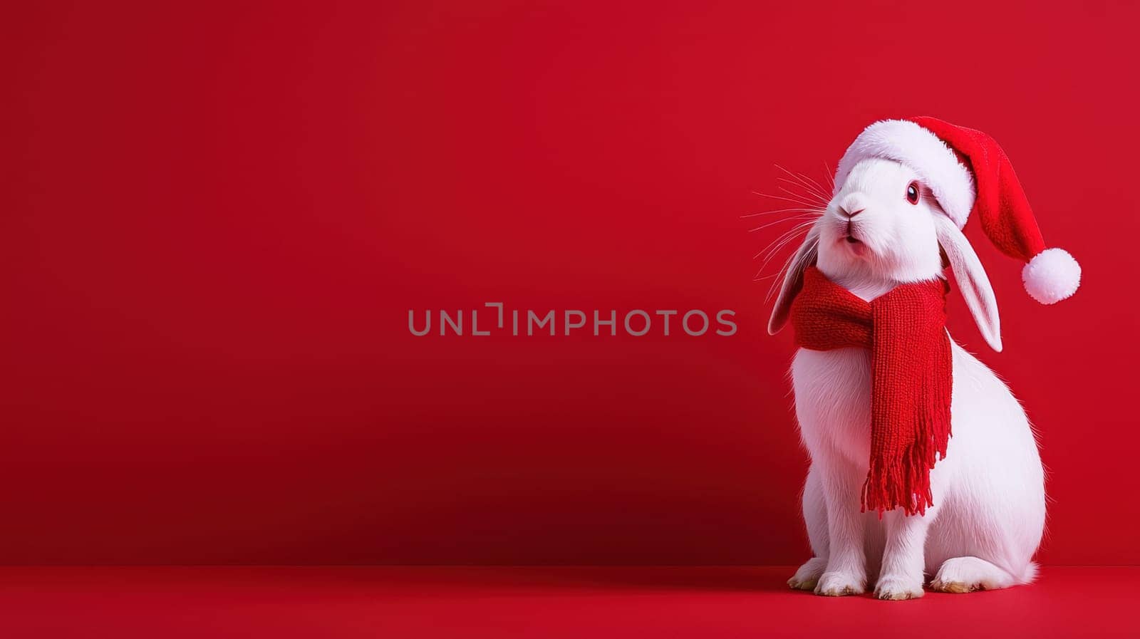 cute rabbit wearing Santa hat and red scarf against red background.