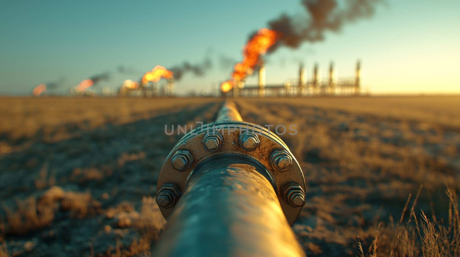 Pipelines stretch into horizon, showcasing industrial energy production.