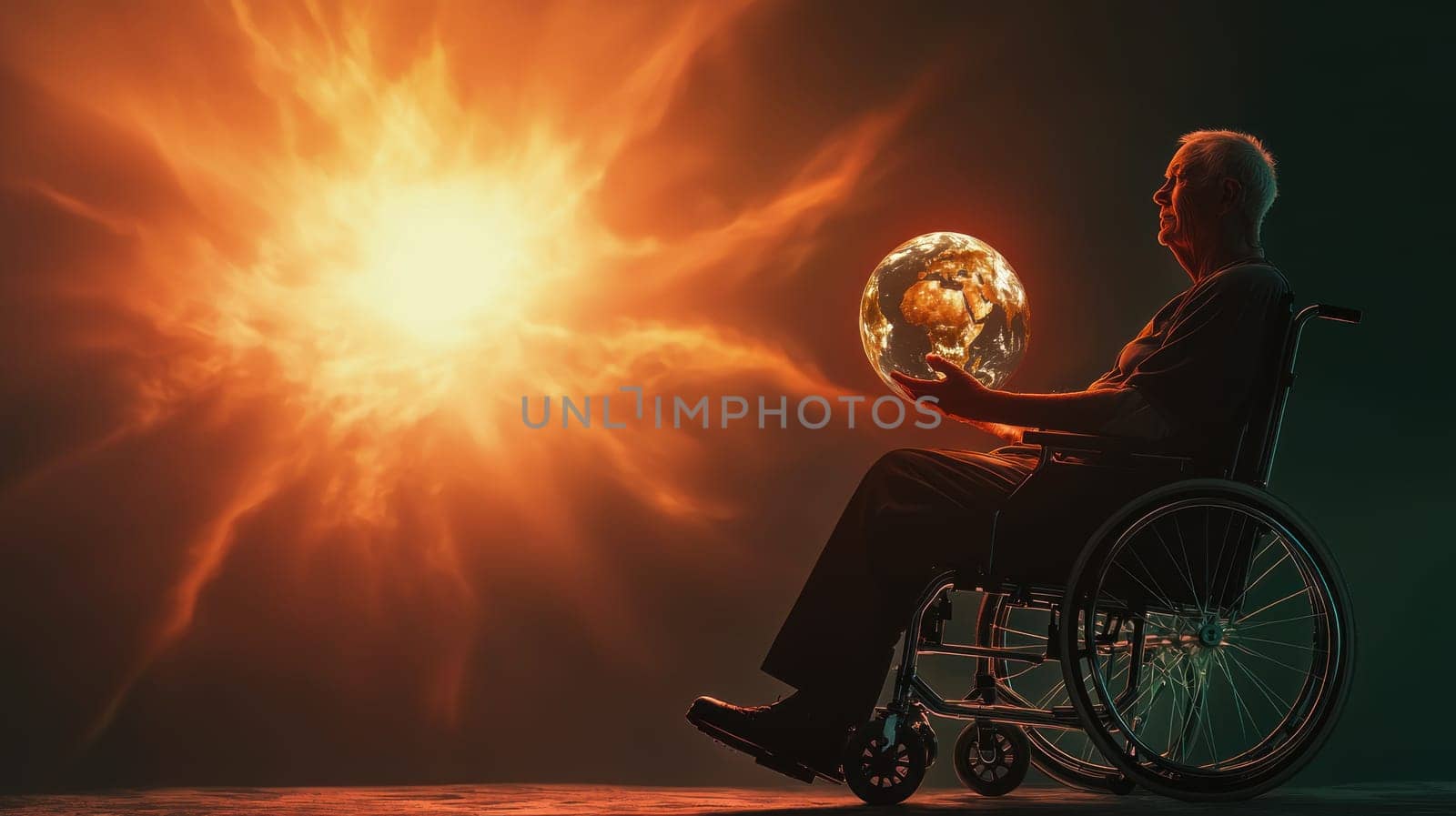 Elderly person in wheelchair holding glowing globe, reflecting on life.