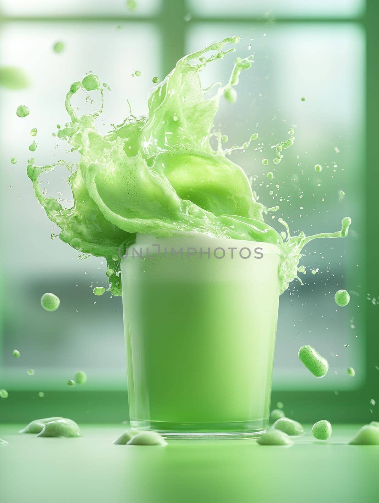 vibrant green juice splash frozen in motion, showcasing freshness and energy.