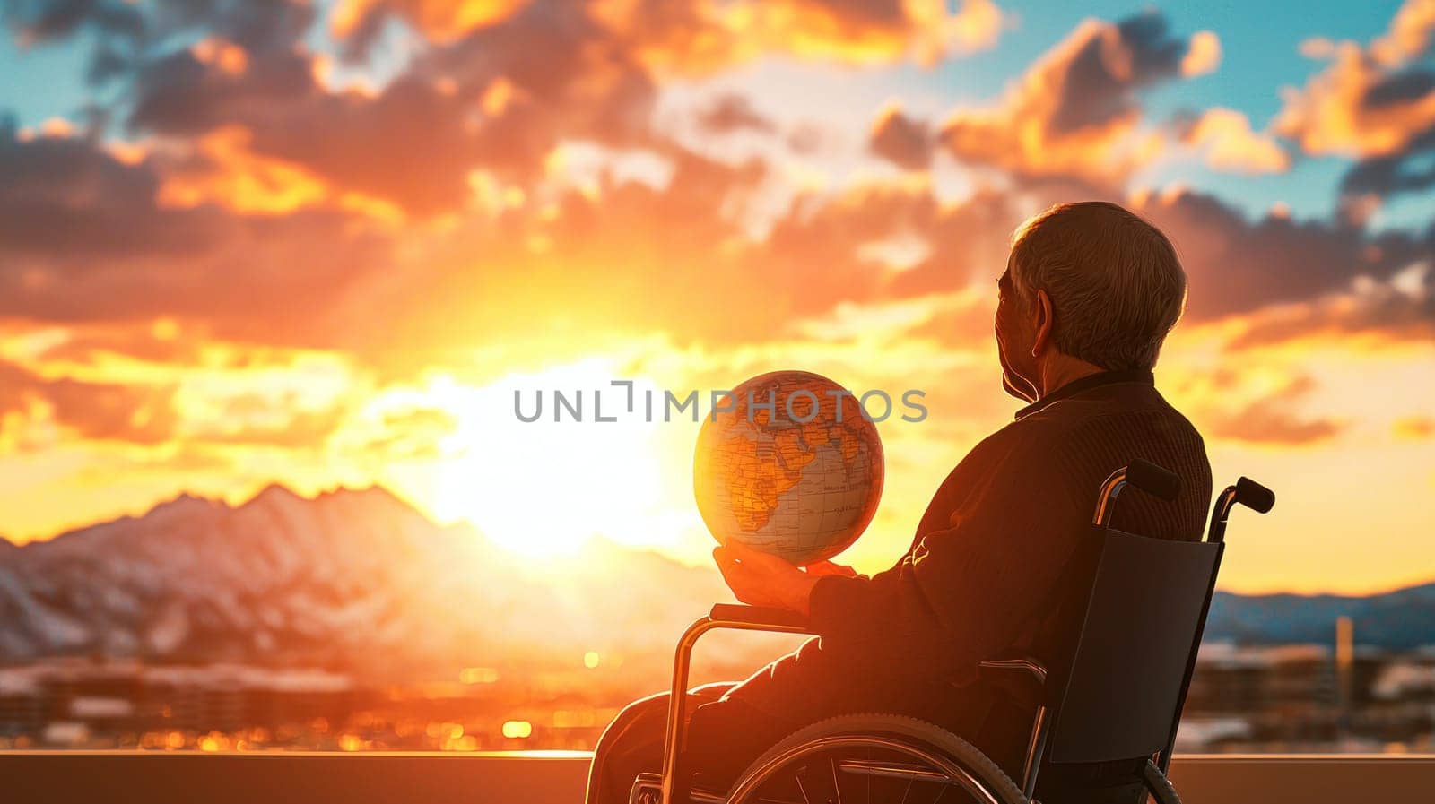 Elderly person in wheelchair holding globe, gazing at sunset.