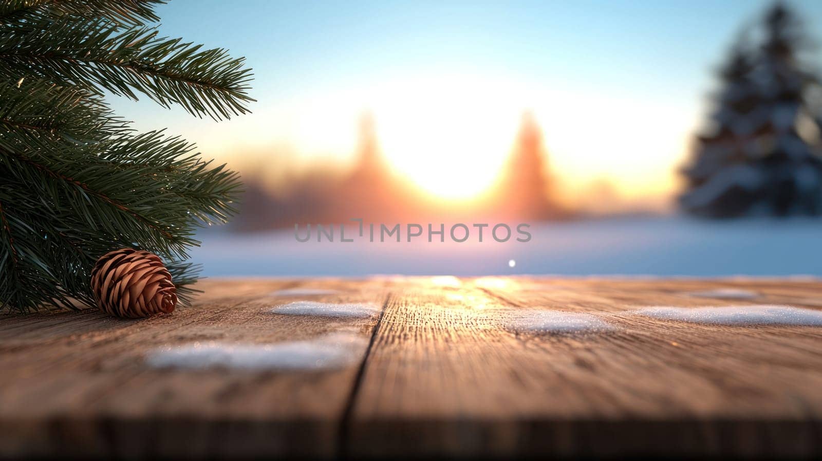 Winter landscape with wooden table, pine cone, and sunlight.