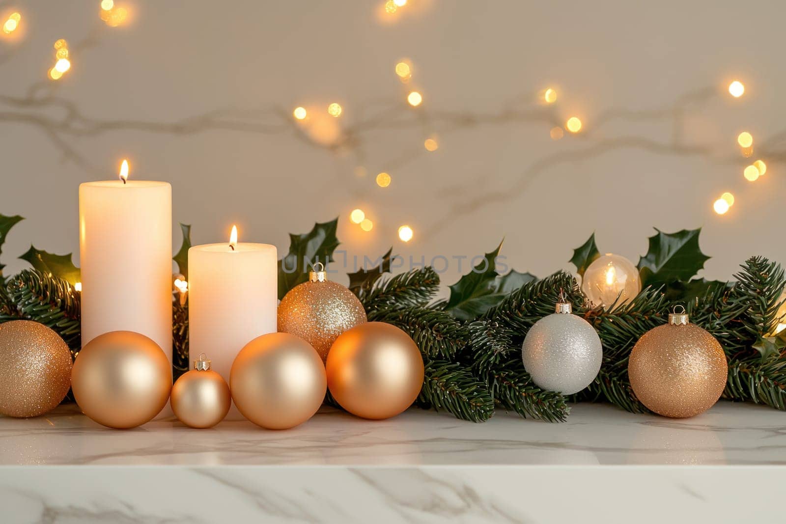 Elegant Christmas decorations with candles and golden ornaments.