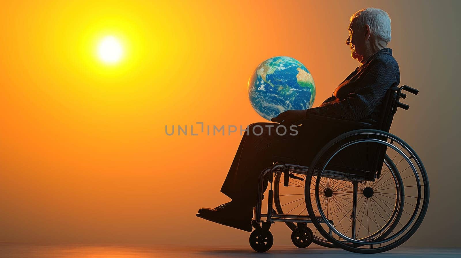 Elderly person in wheelchair gazing at sunset with Earth in view.