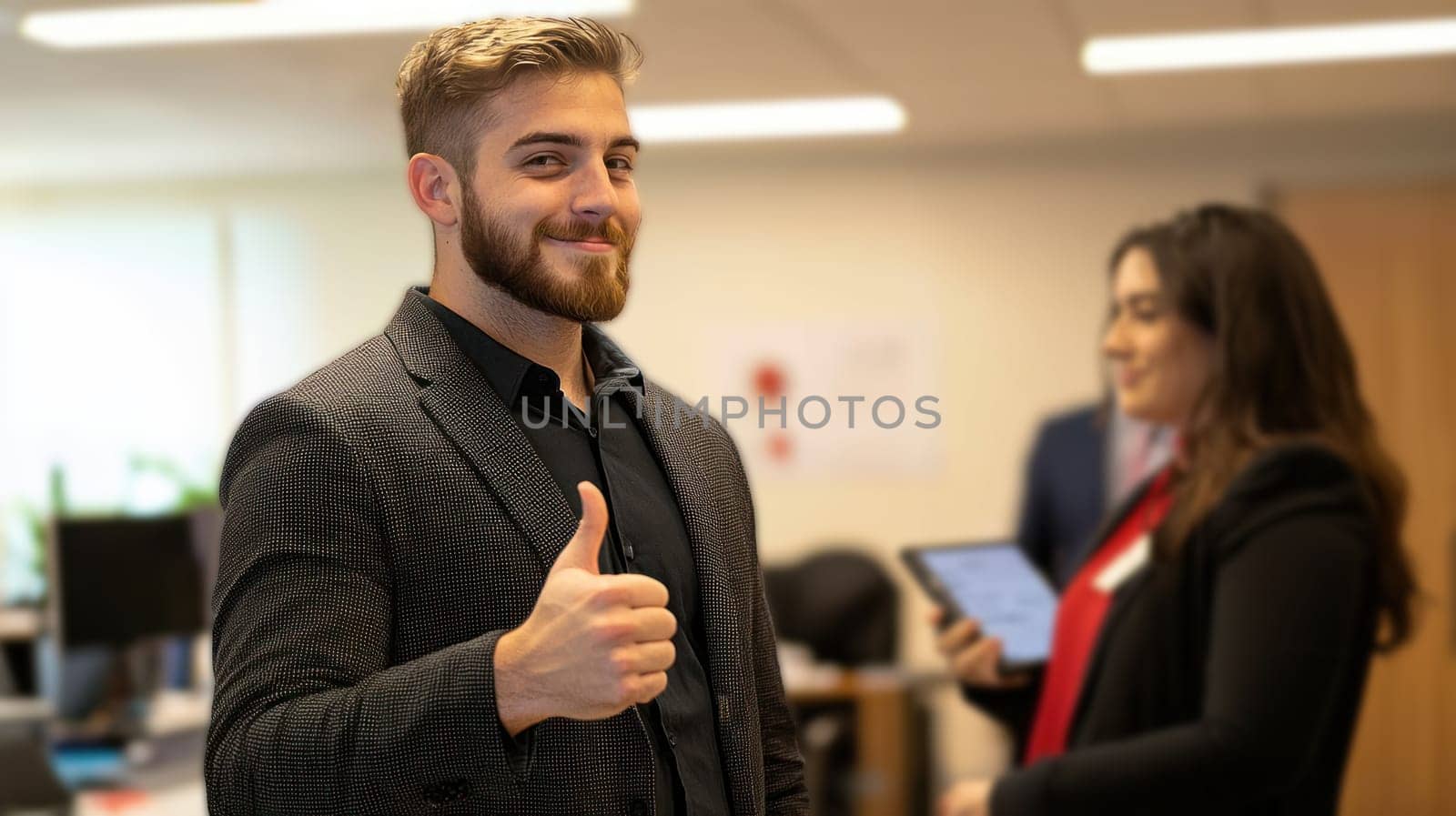 Confident man giving thumbs up in modern office setting.