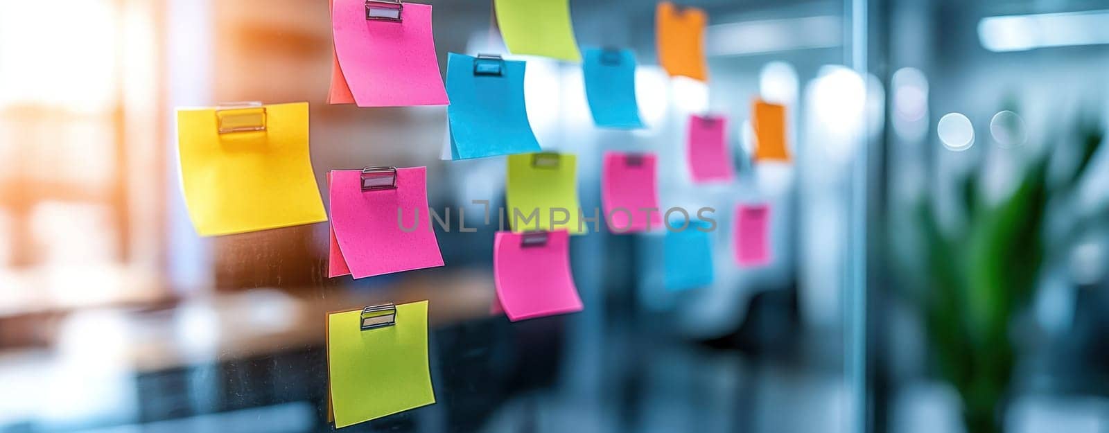 Brainstorming session with colorful sticky notes on glass wall.