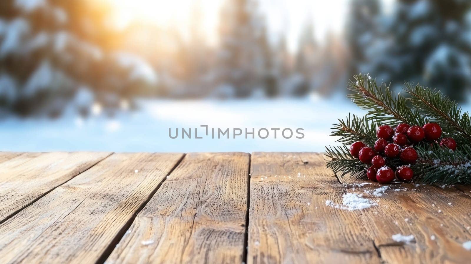 Winter holiday scene with wooden table, pine branches, and red berries.