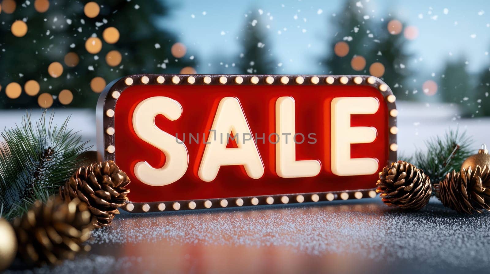 Festive SALE sign with illuminated letters, surrounded by pinecones and snow.