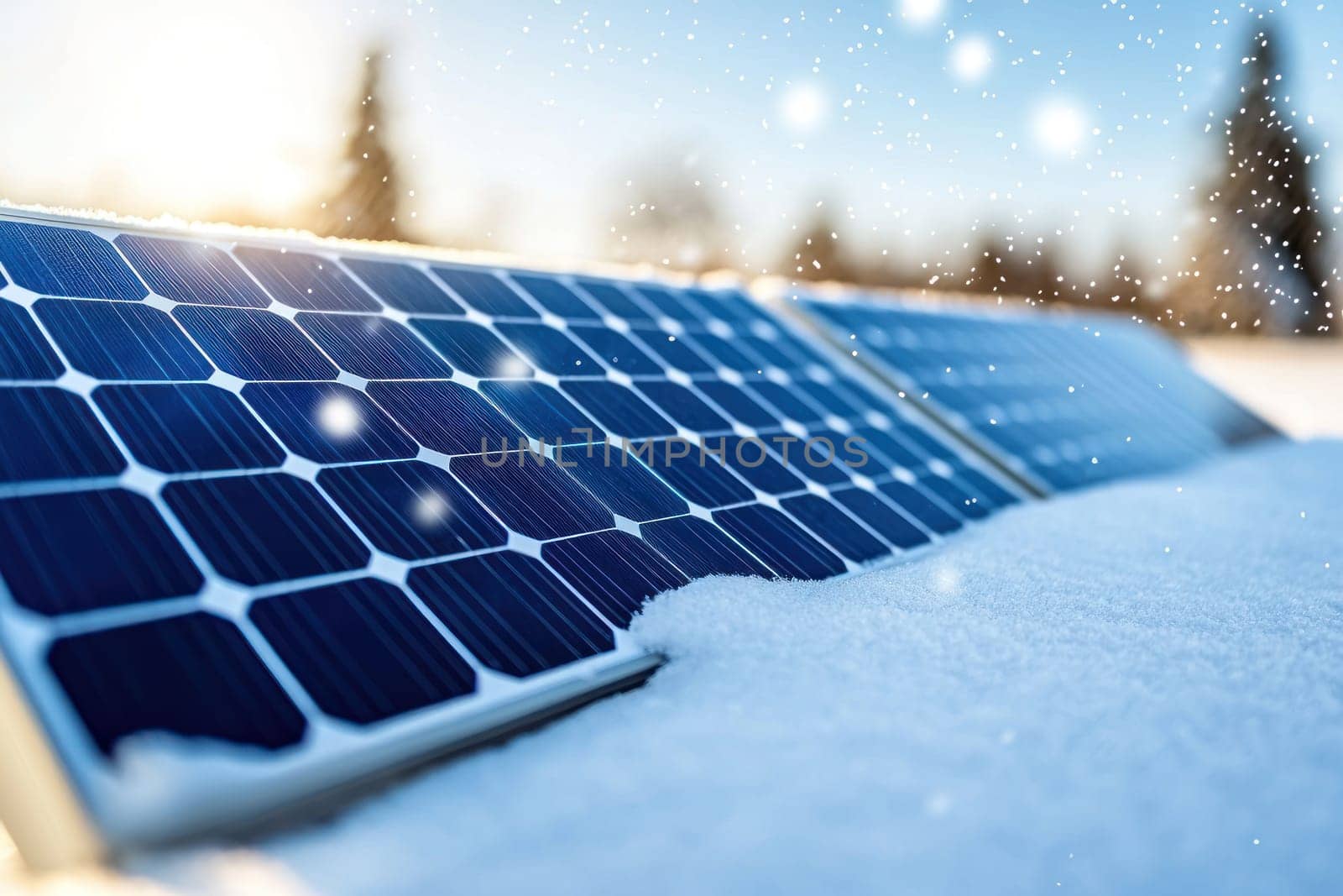 Solar panels covered in snow, glistening in winter sunlight.